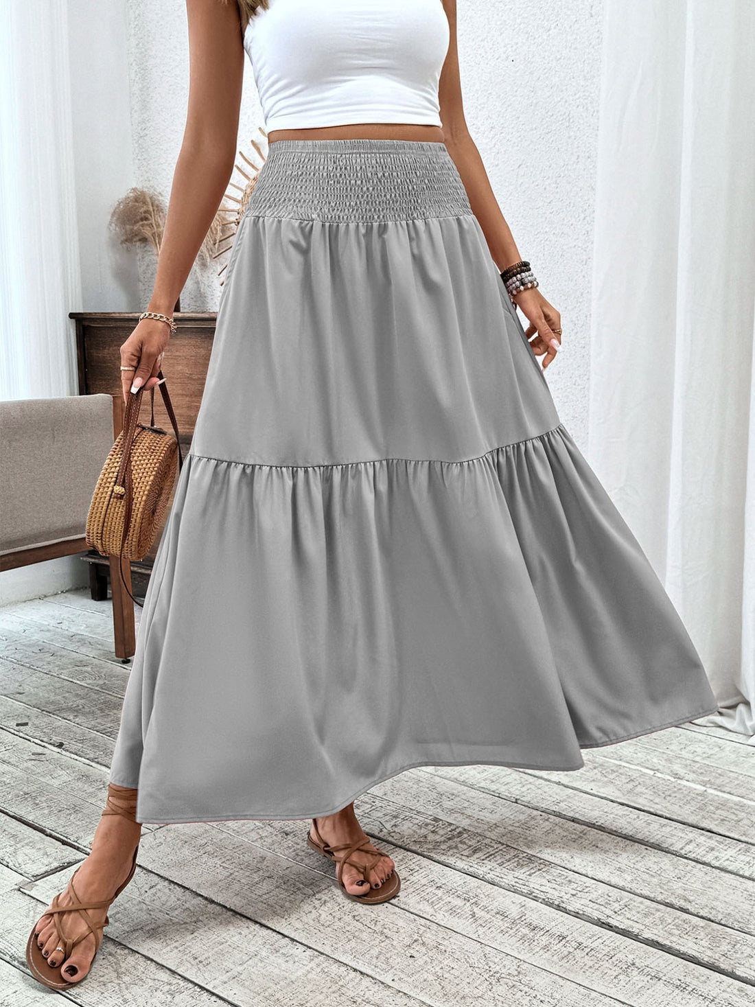 Smocked Waist Tiered Skirt - cas7m