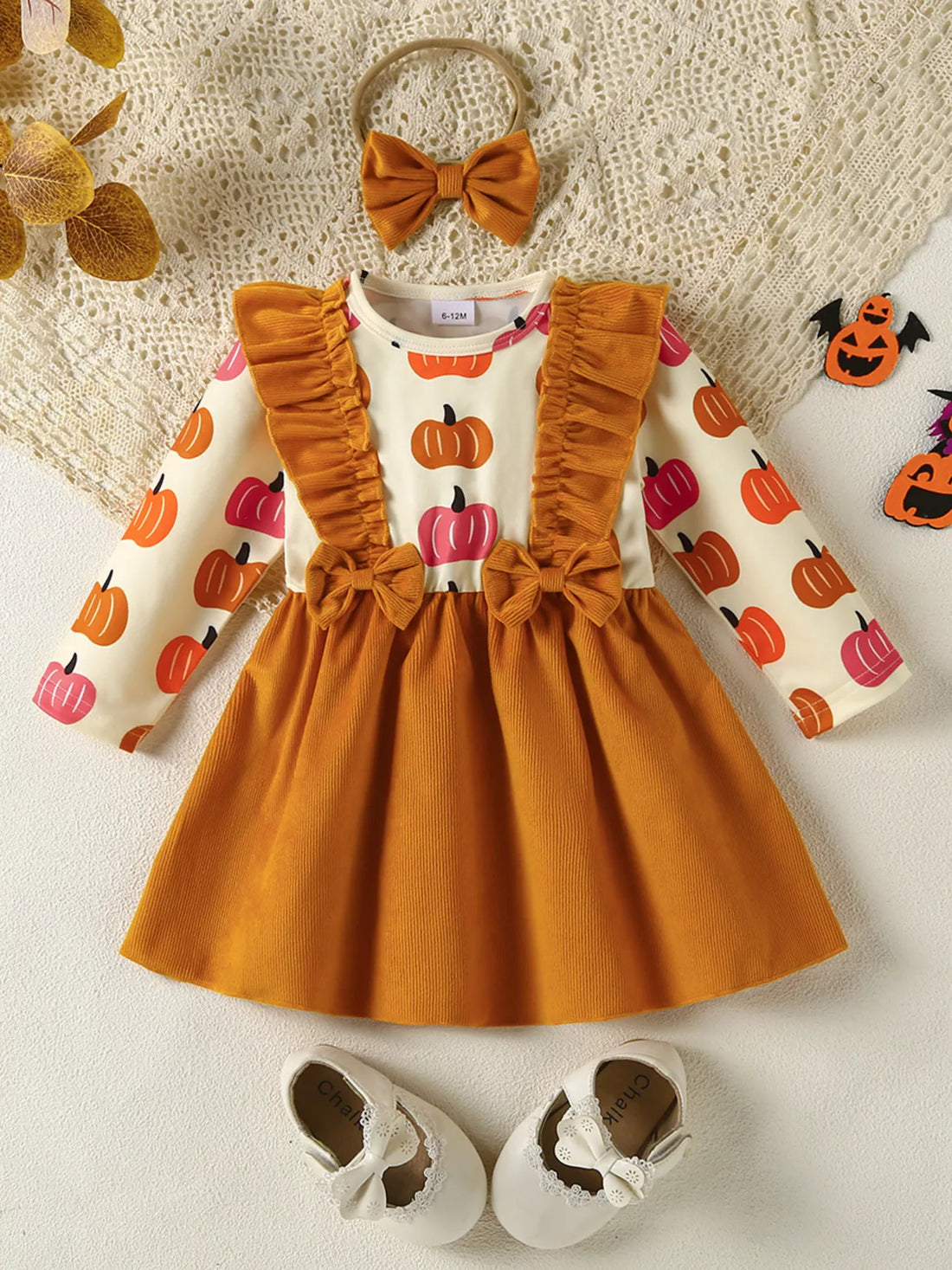 Children's Pumpkin Print Ruffle Dress with Bow Headband - cas7m
