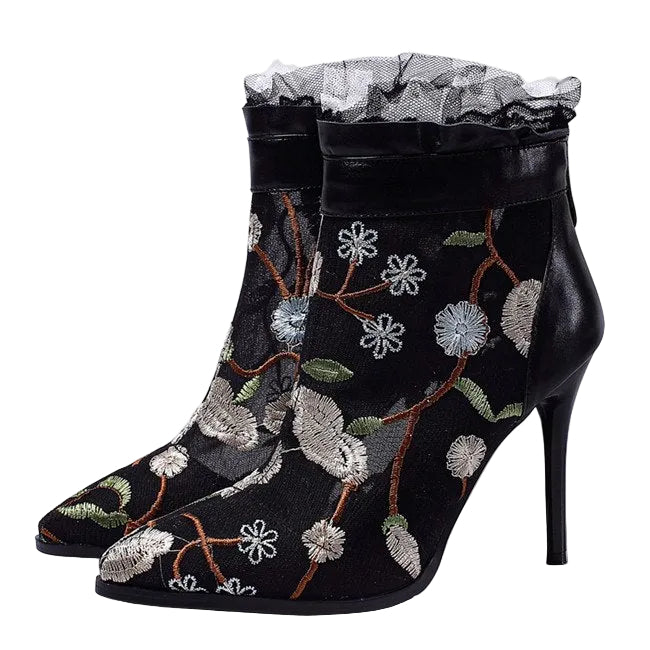 Pointed Toe High Heels with Embroidered Mesh Boots