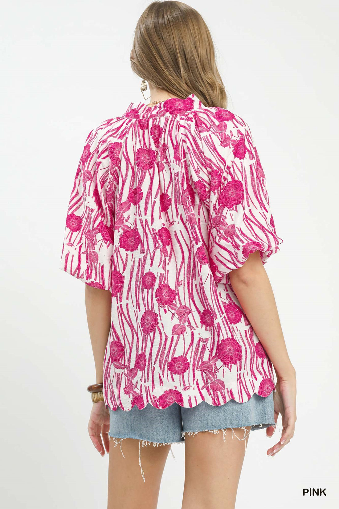 Umgee Floral Scalloped Edge Puff Sleeve Blouse with High-Low Curved Hem - cas7m