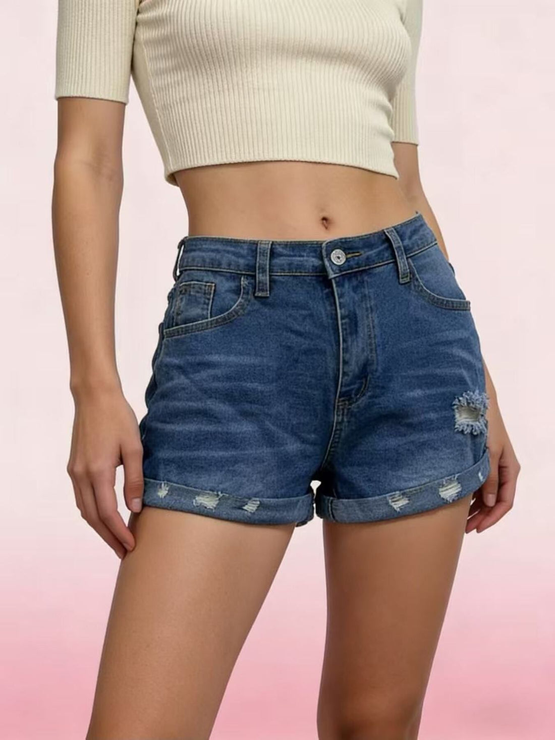 Distressed Denim Roll-Up Shorts - cas7m