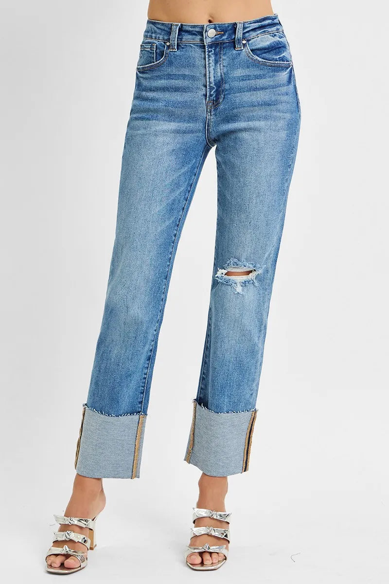 RISEN Full Size High Rise Ankle Straight Wide Cuffed Jeans Plus Size - cas7m