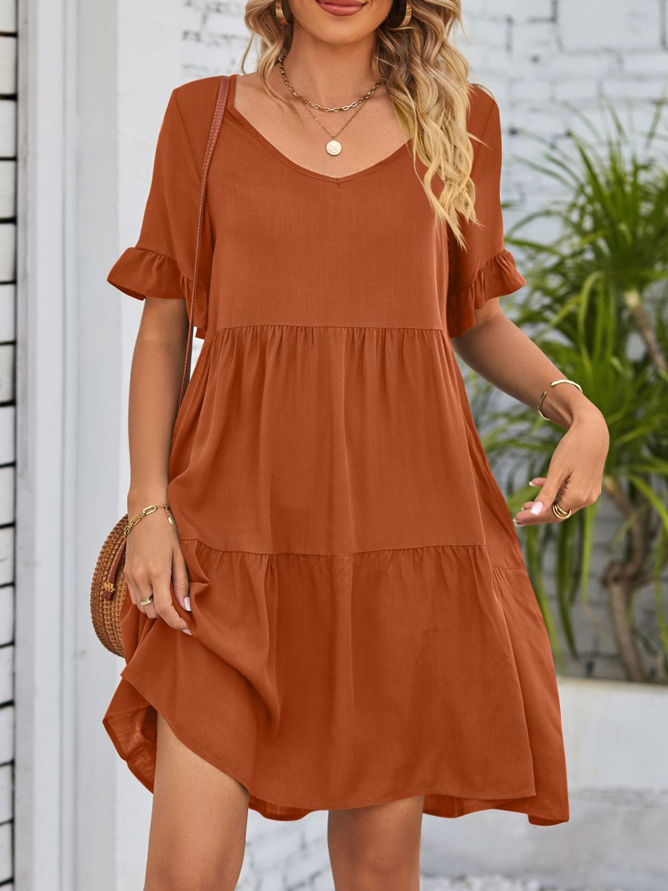 Ruffled Sleeve Tiered Mini Dress - cas7m