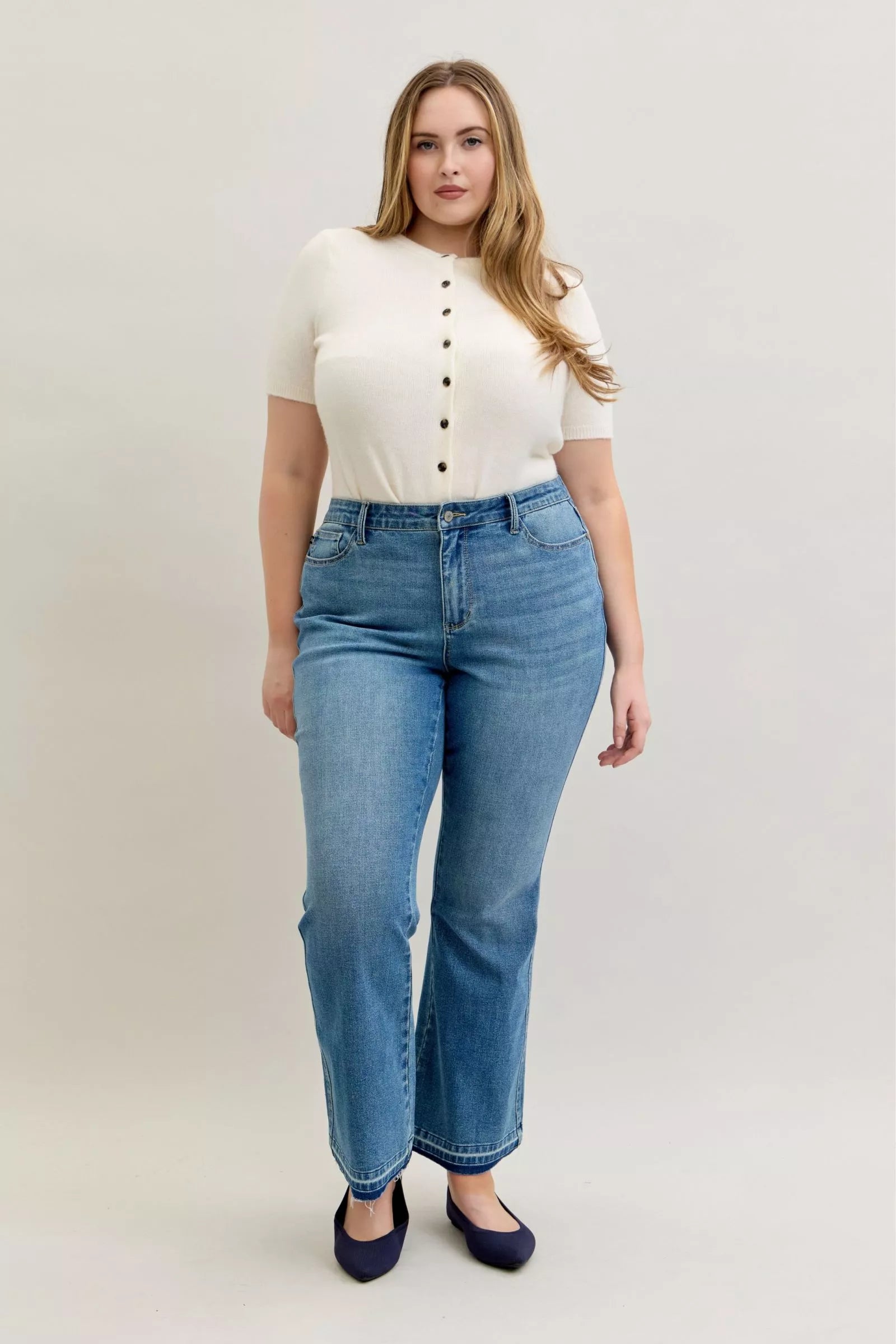 Judy Blue Full Size Mid Rise Slim Bootcut Tummy Control Release Hem Jeans Plus Size - cas7m