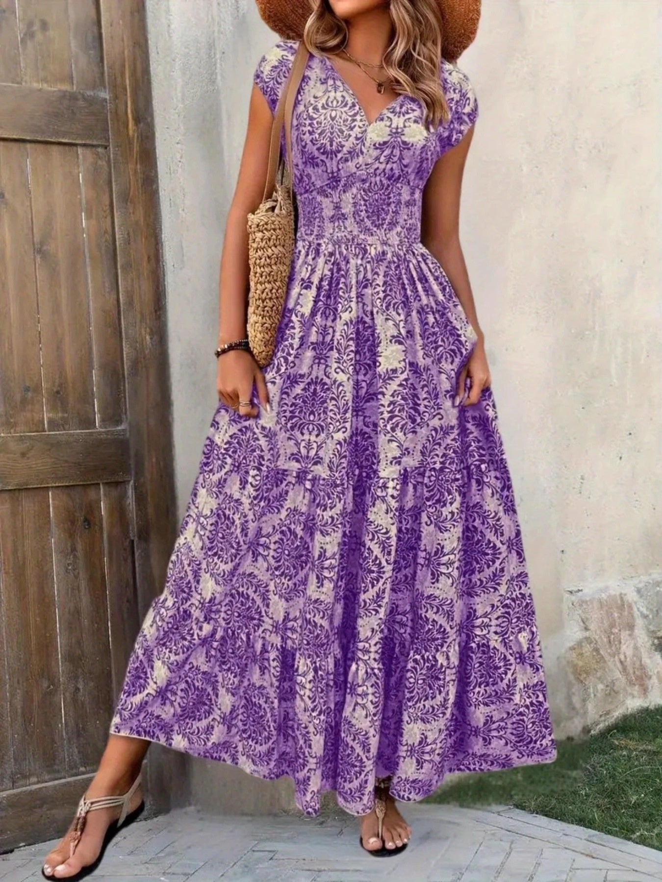 Printed Cap Sleeve Maxi Dress - cas7m