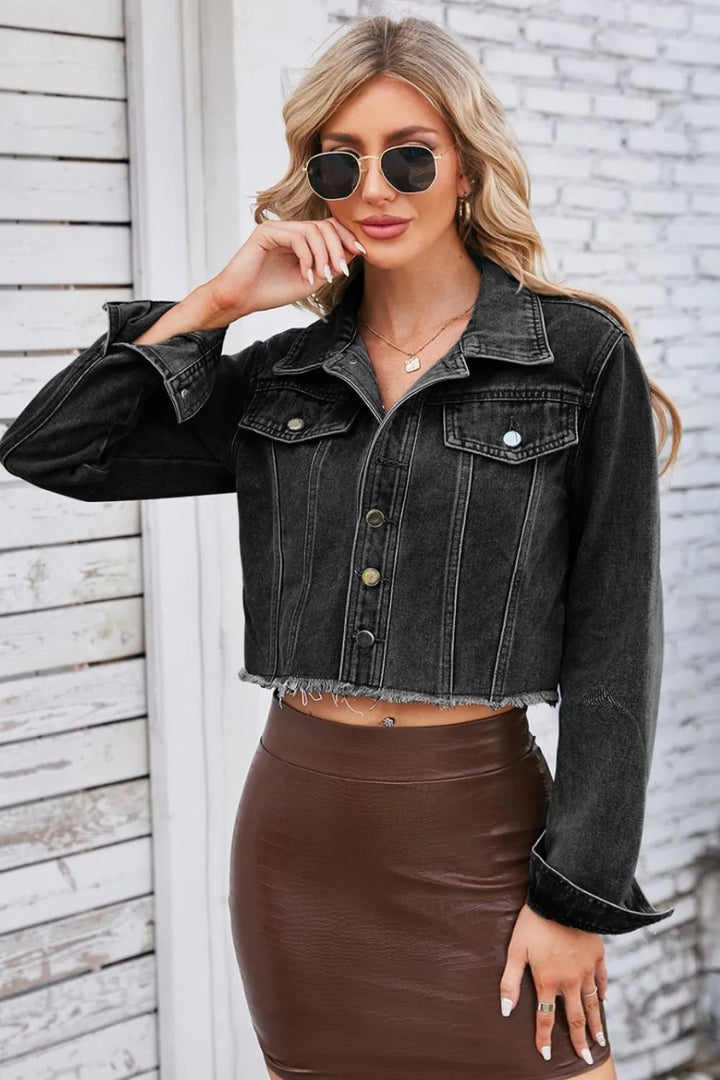 Raw Hem Denim Jacket with Pockets - cas7m