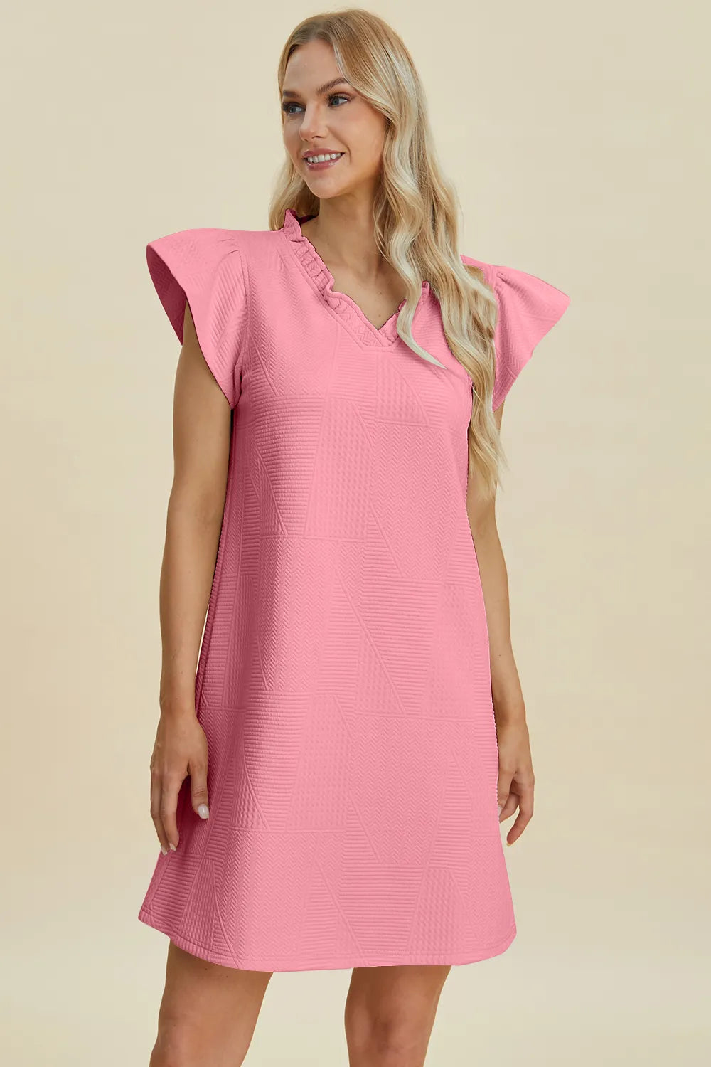 Double Take Full Size Ruffled V-Neck Cap Sleeve Dress - cas7m