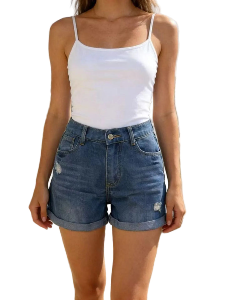 Ripped High-Waisted Denim Shorts - cas7m