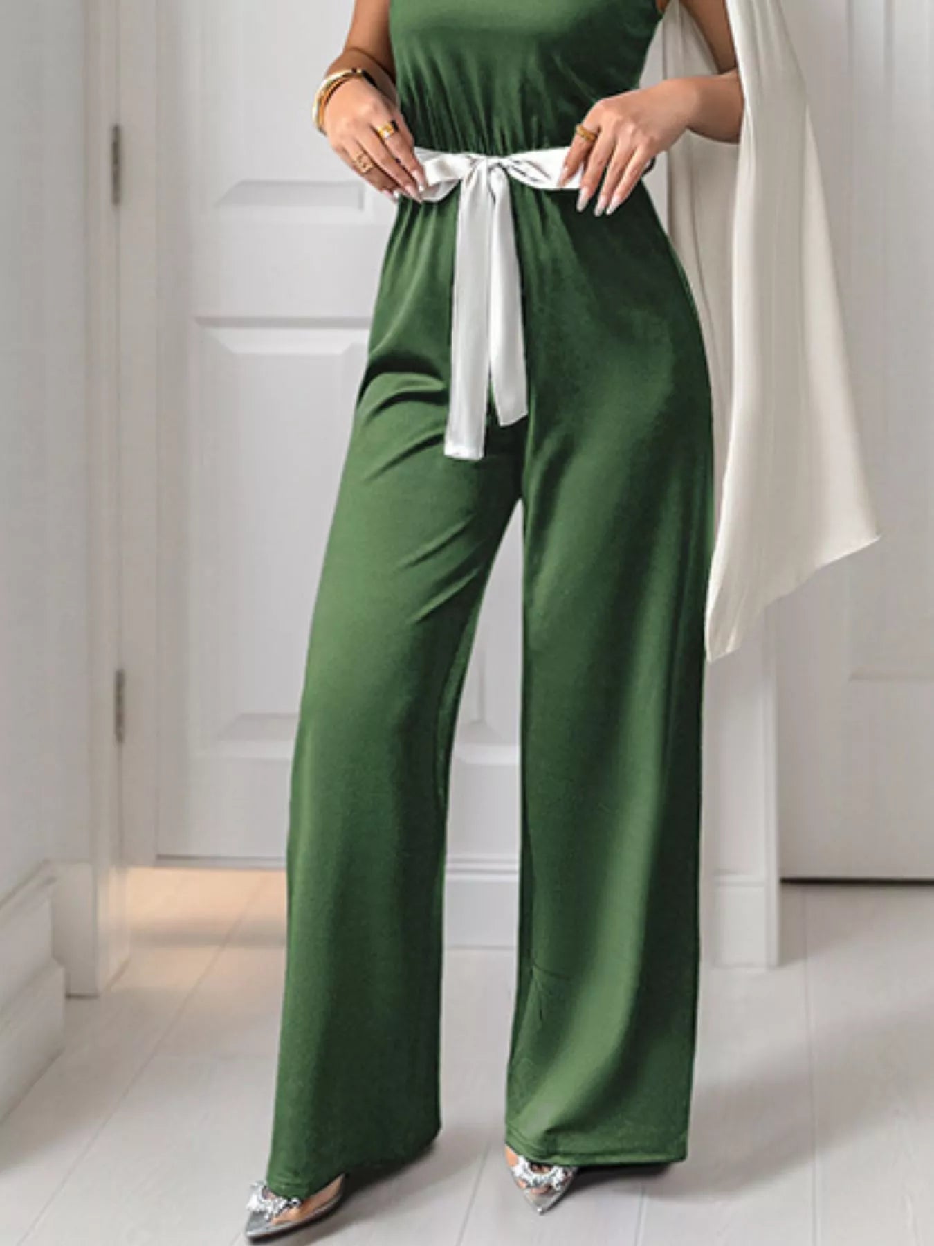 One-Shoulder Bowknot Wide Leg Jumpsuit - cas7m