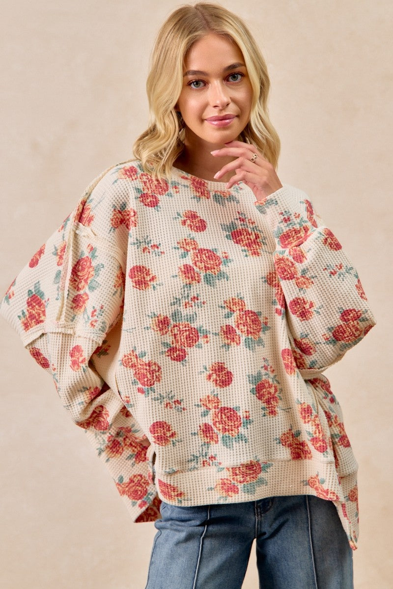 BiBi Floral Print Oversized Waffle Thermal Sweatshirt - cas7m
