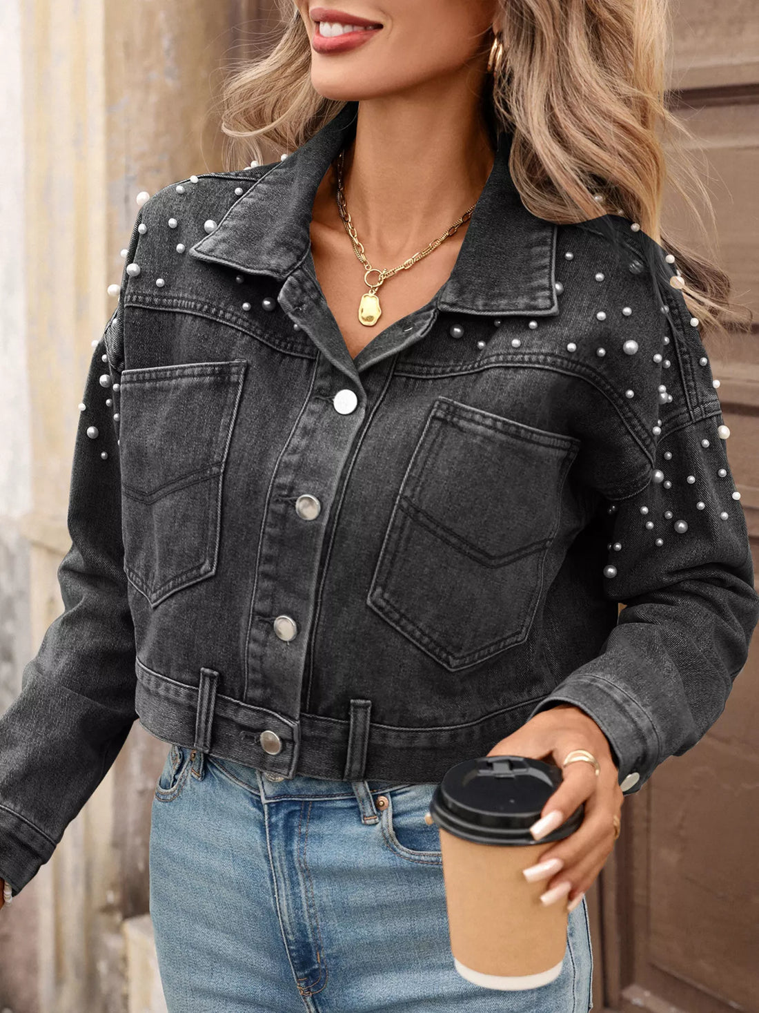 Pearl Embellished Cropped Denim Jacket - cas7m