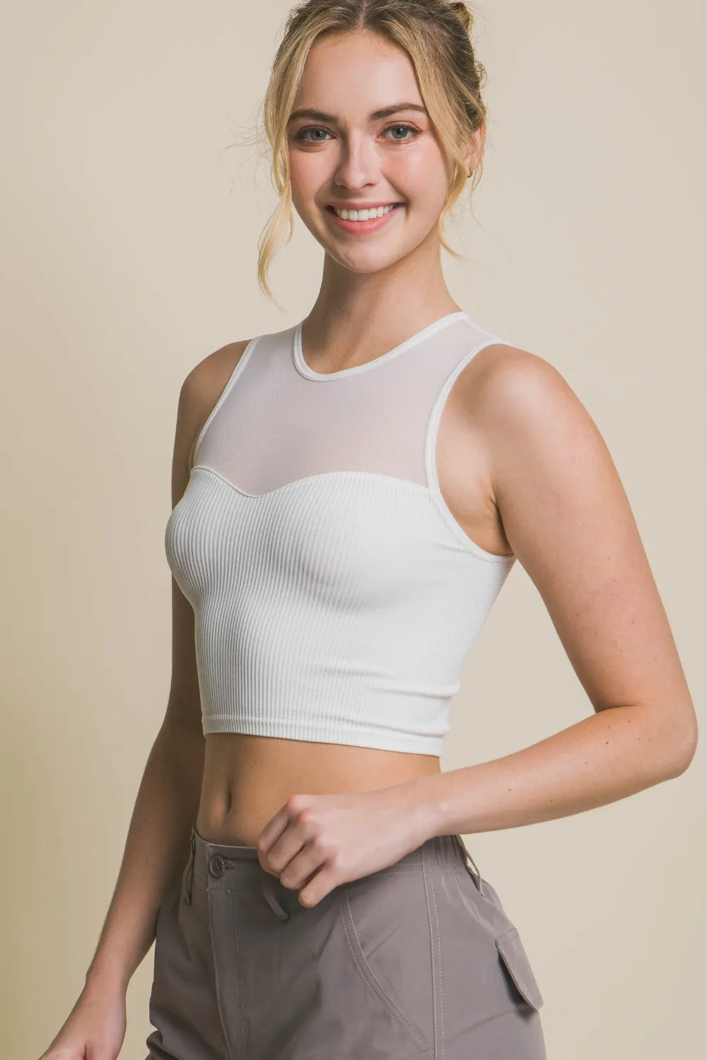 Love Tree Round Neck Ribbed Cropped Mesh Tank - cas7m