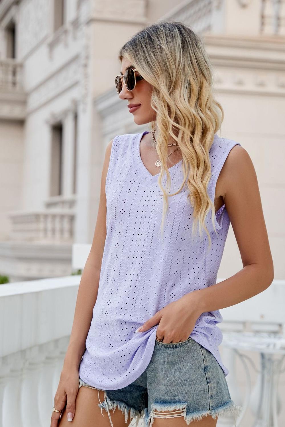 Eyelet V-Neck Tank - cas7m