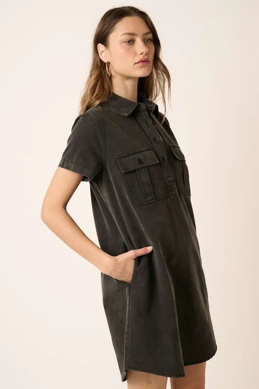 Mittoshop Button Detail Collared Neck Short Sleeve Shirt Dress - cas7m