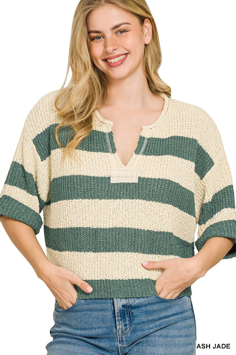 Zenana Split Neck Stripe Sweater - cas7m