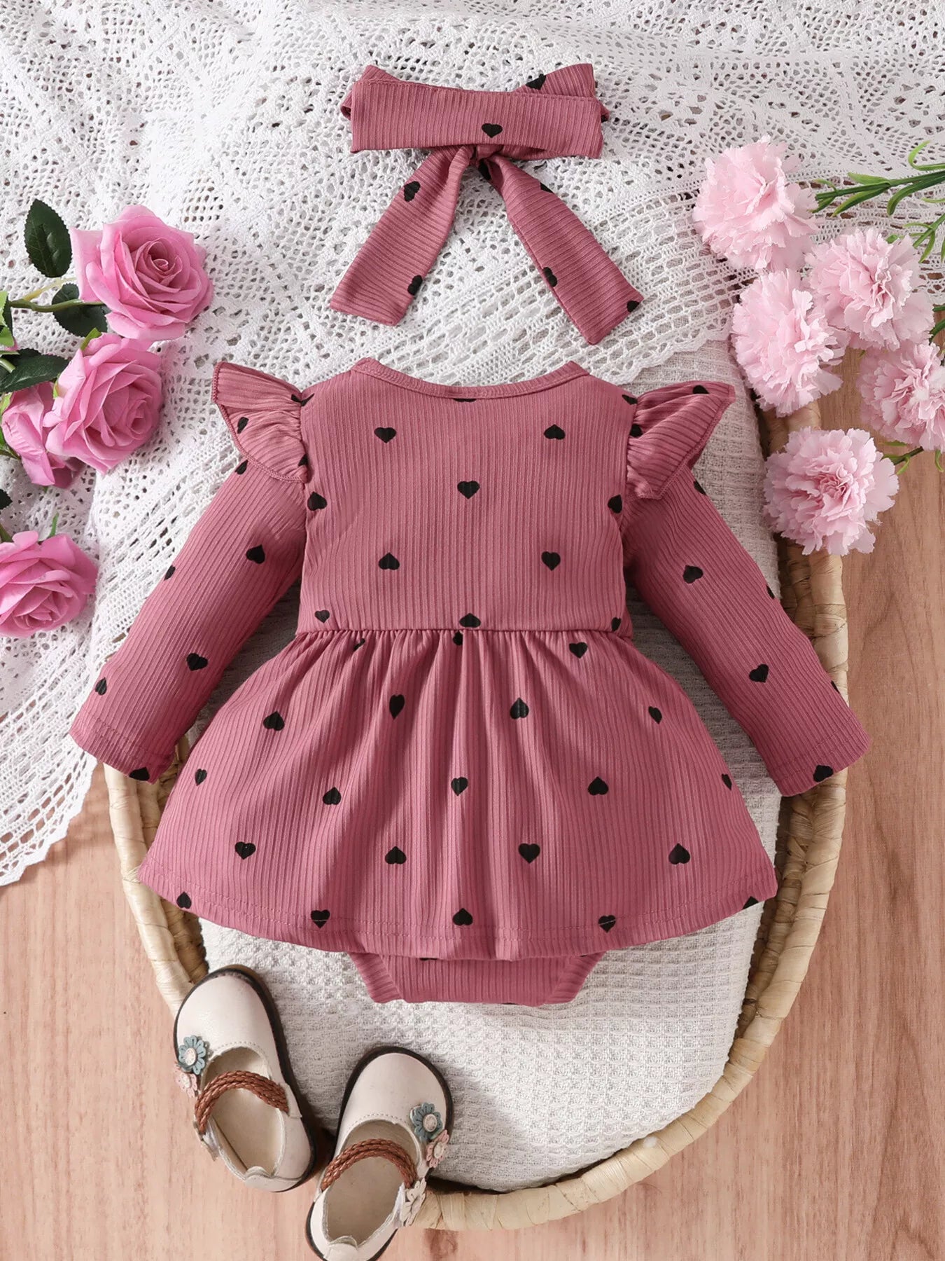 Children's Heart Print Ruffle Trim Bodysuit Dress with Headband - cas7m