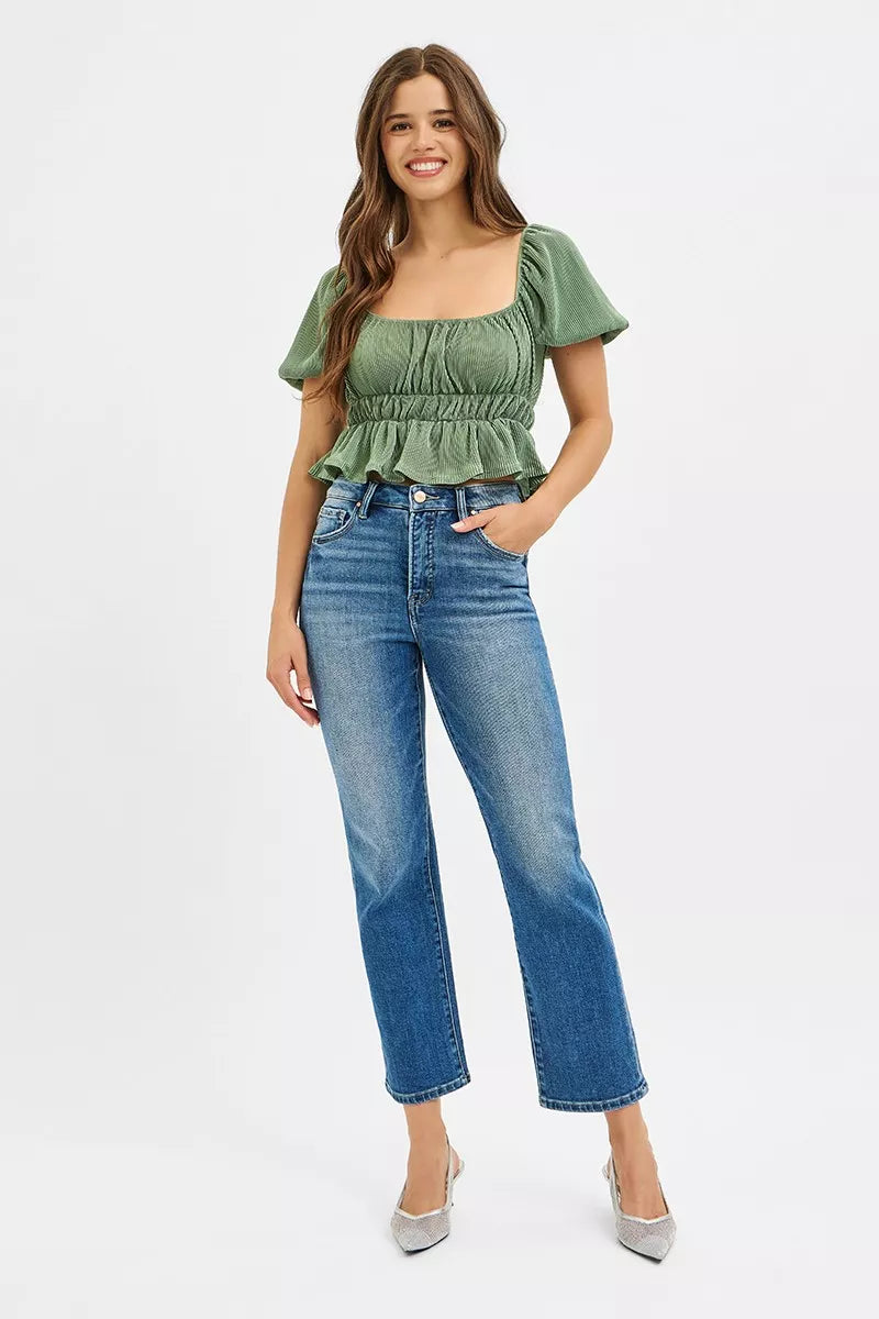 RISEN Tummy Control High Rise Crop Straight Jeans - cas7m