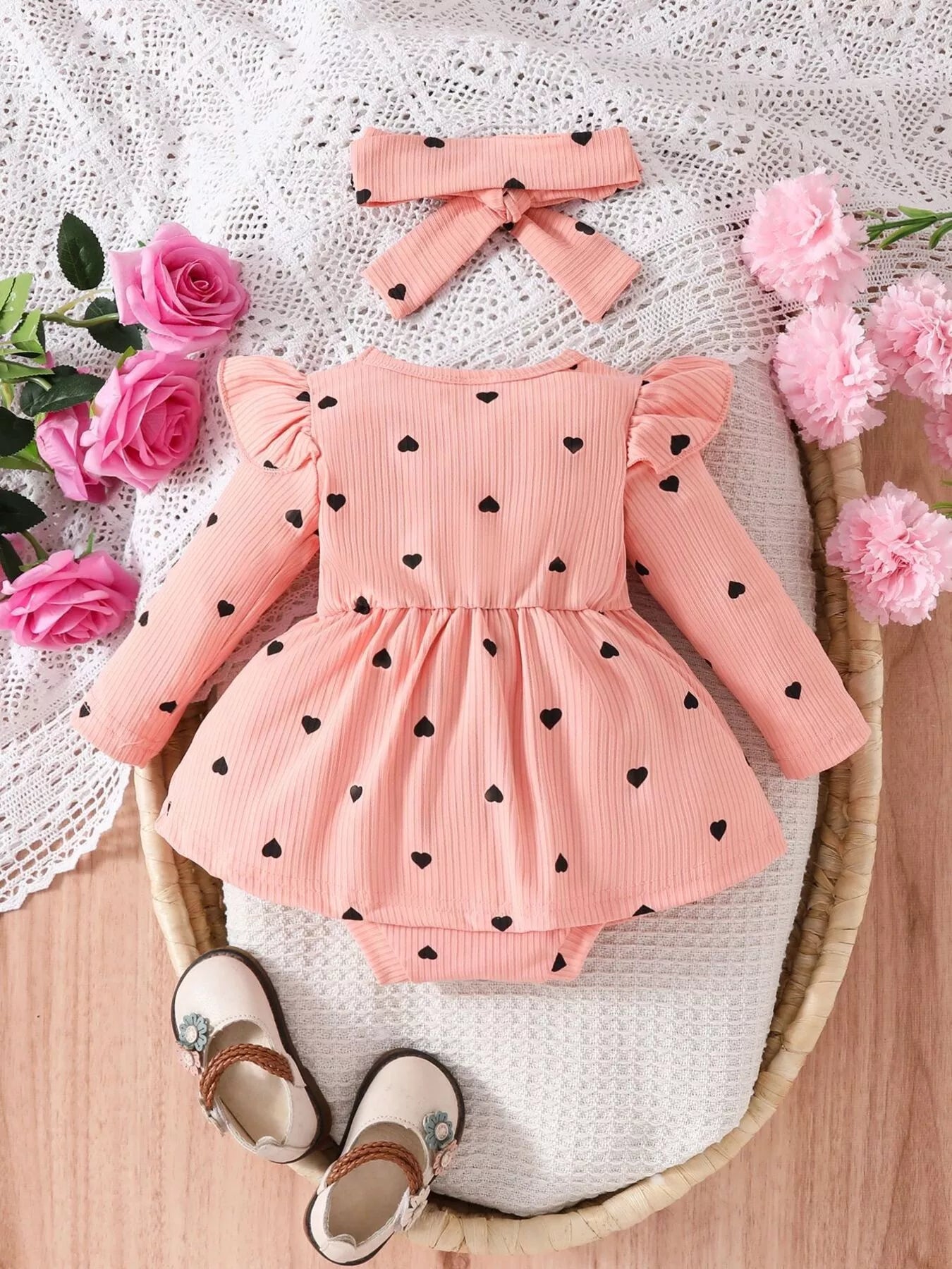 Children's Heart Print Ruffle Trim Bodysuit Dress with Headband - cas7m