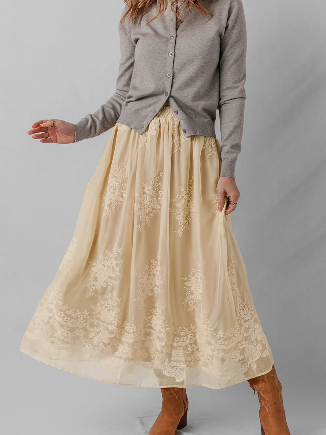 Embroidered Mesh Overlay Flowy Midi Skirt - cas7m