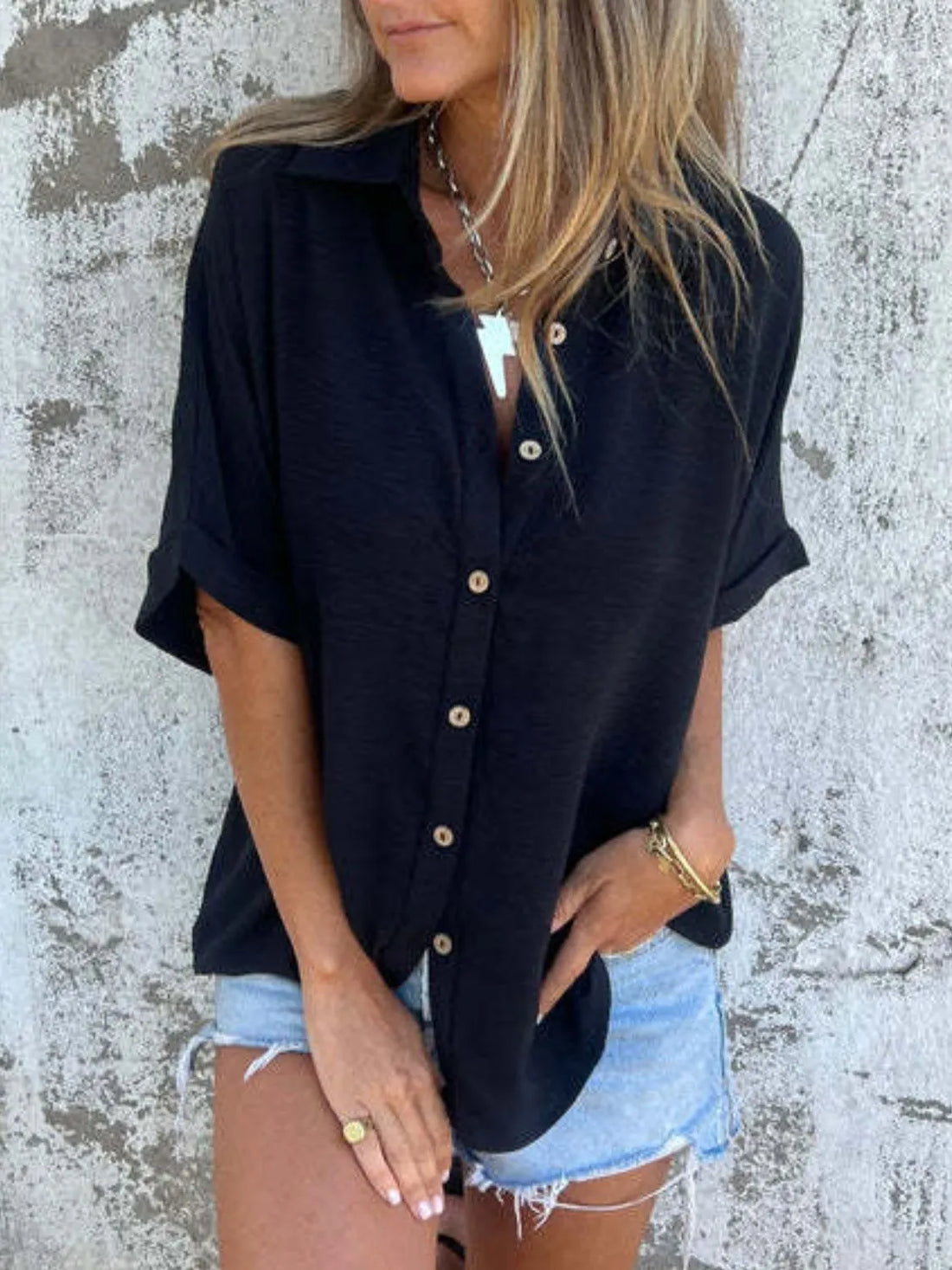 Full Size Collared Neck Half Sleeve Shirt Plus Size - cas7m