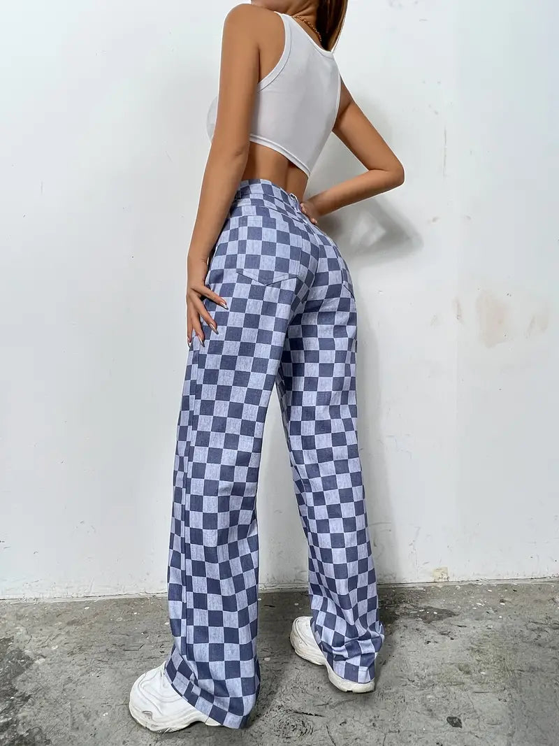 Colorblock Plaid High Waist Wide Leg Denim Jeans - cas7m