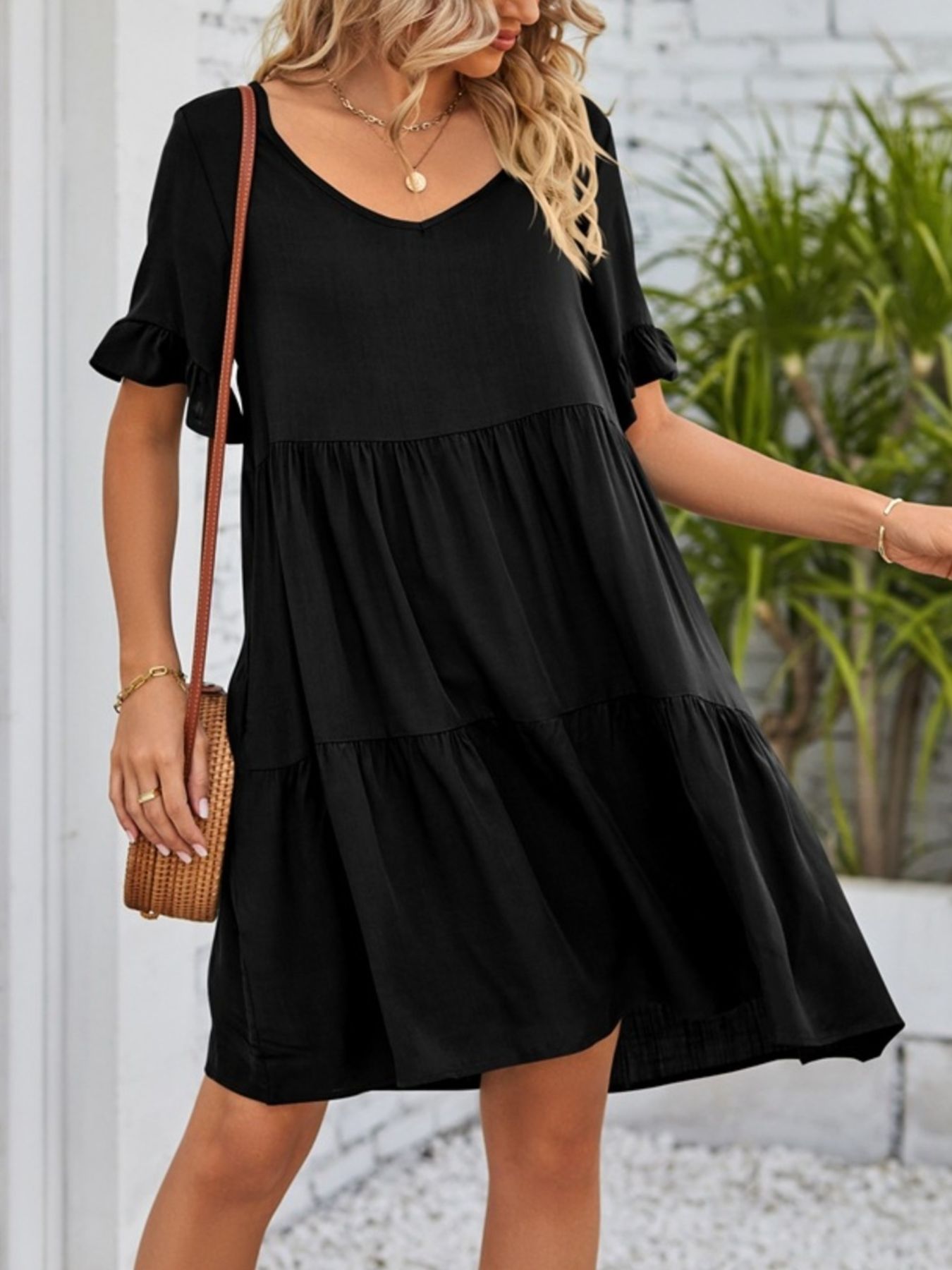 Ruffled Sleeve Tiered Mini Dress - cas7m