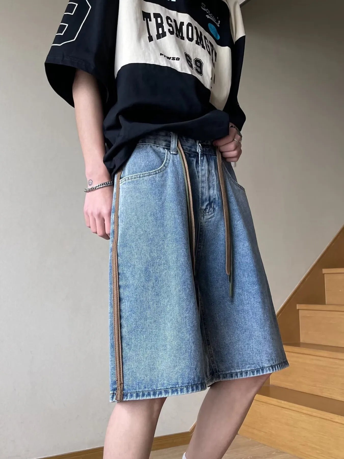 Men's Full Size Drawstring Wide-Leg Denim Shorts Plus Size - cas7m