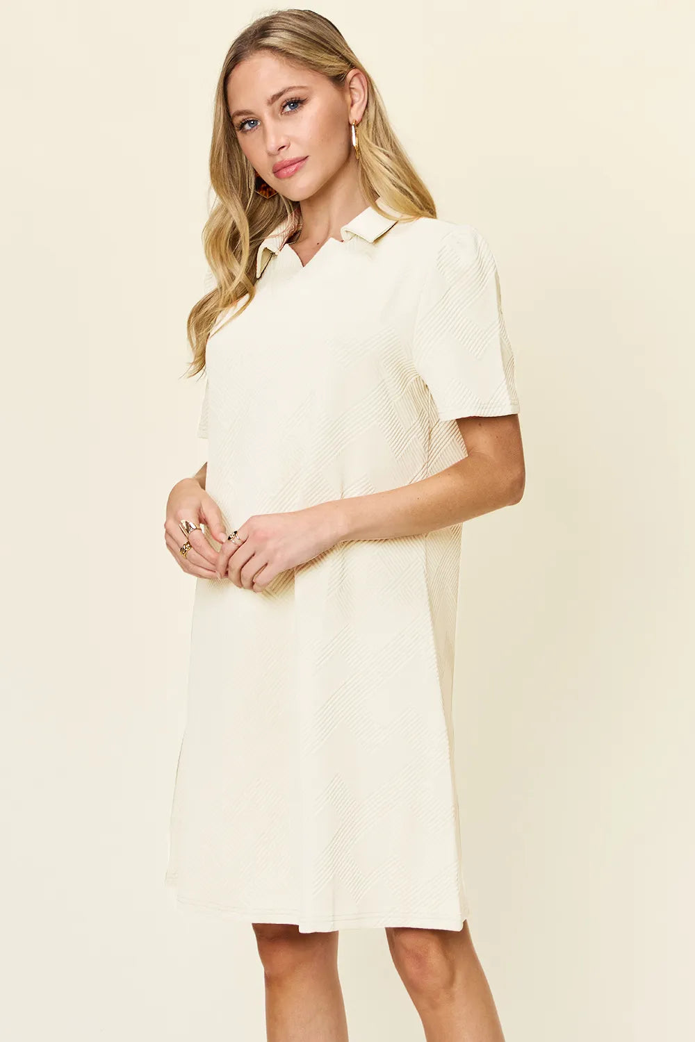 Double Take Full Size Texture Collared Neck Short Sleeve Dress - cas7m