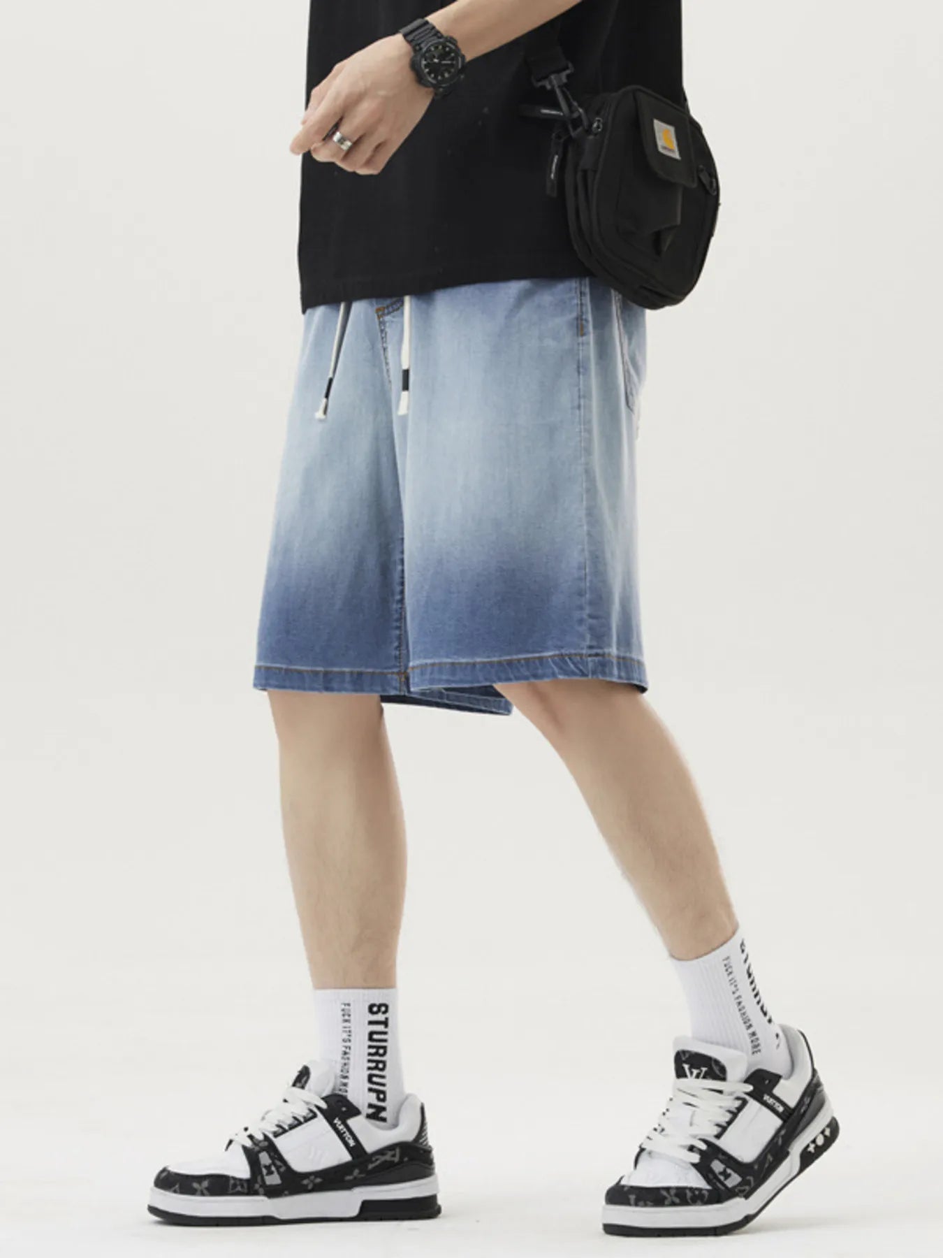 Men's Plus Size Loose Fit Drawstring Denim Shorts - cas7m