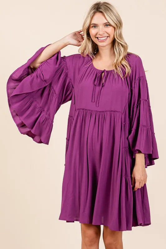 Mittoshop Frill Tie Neck Bell Sleeve Dress - cas7m