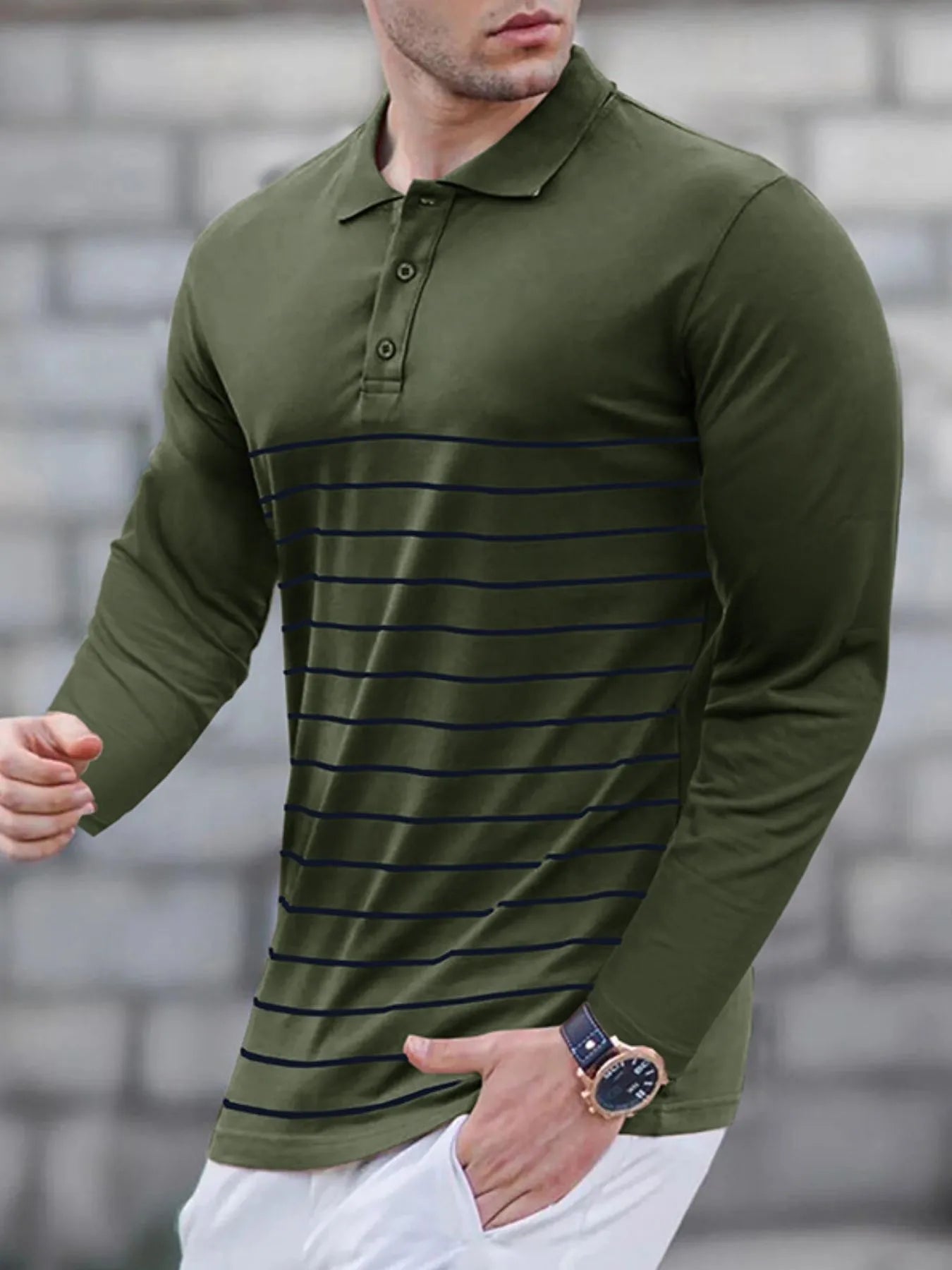 Men's Striped Long Sleeve Polo Shirt - cas7m