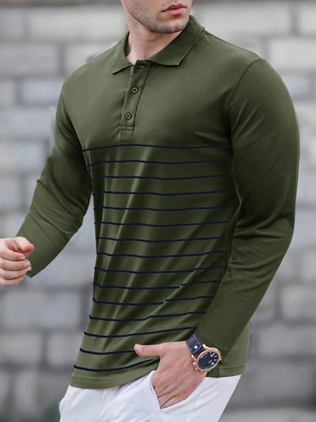 Men's Striped Long Sleeve Polo Shirt - cas7m