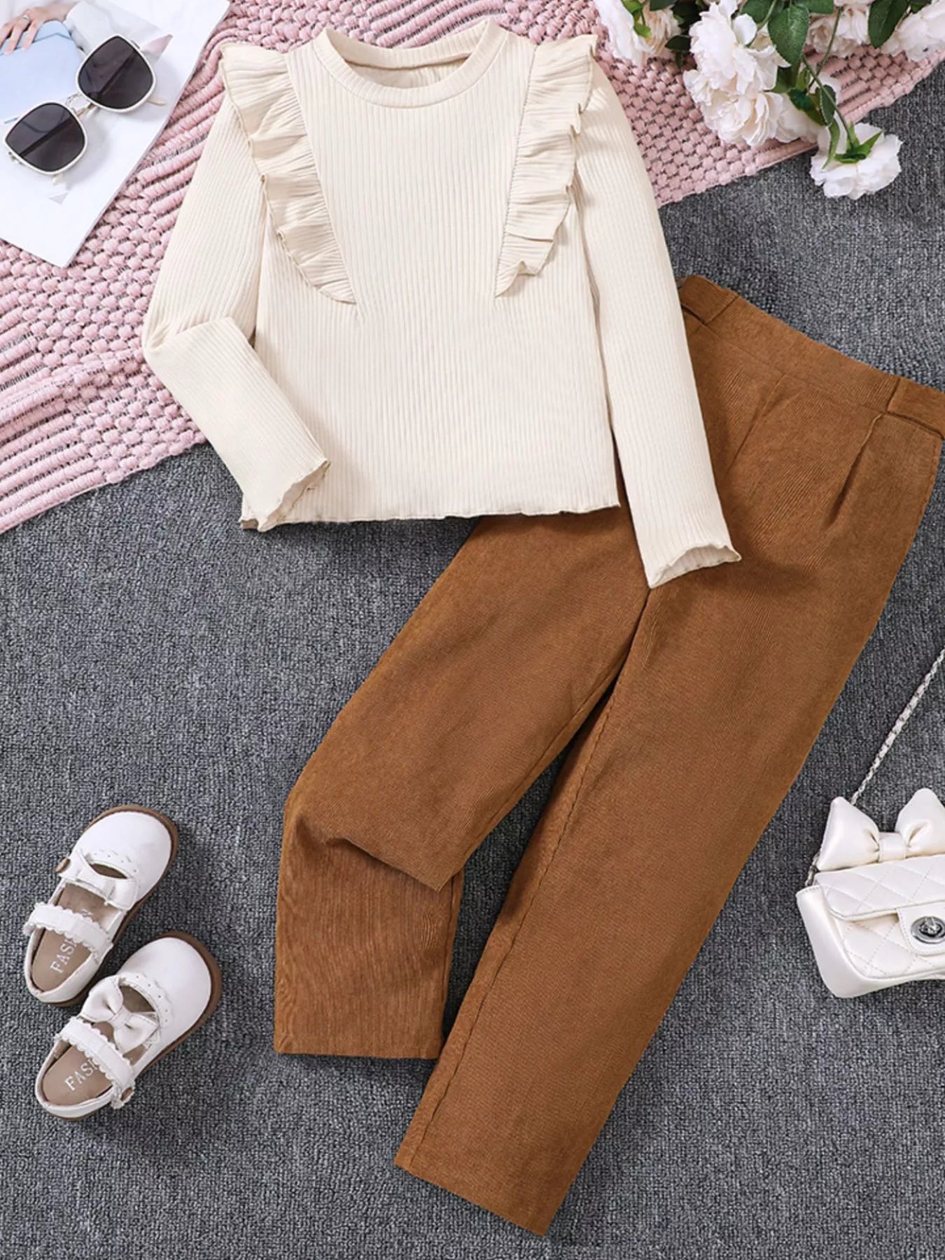 Children's Ruffle Trim Ribbed Top & Corduroy Pants Set - cas7m