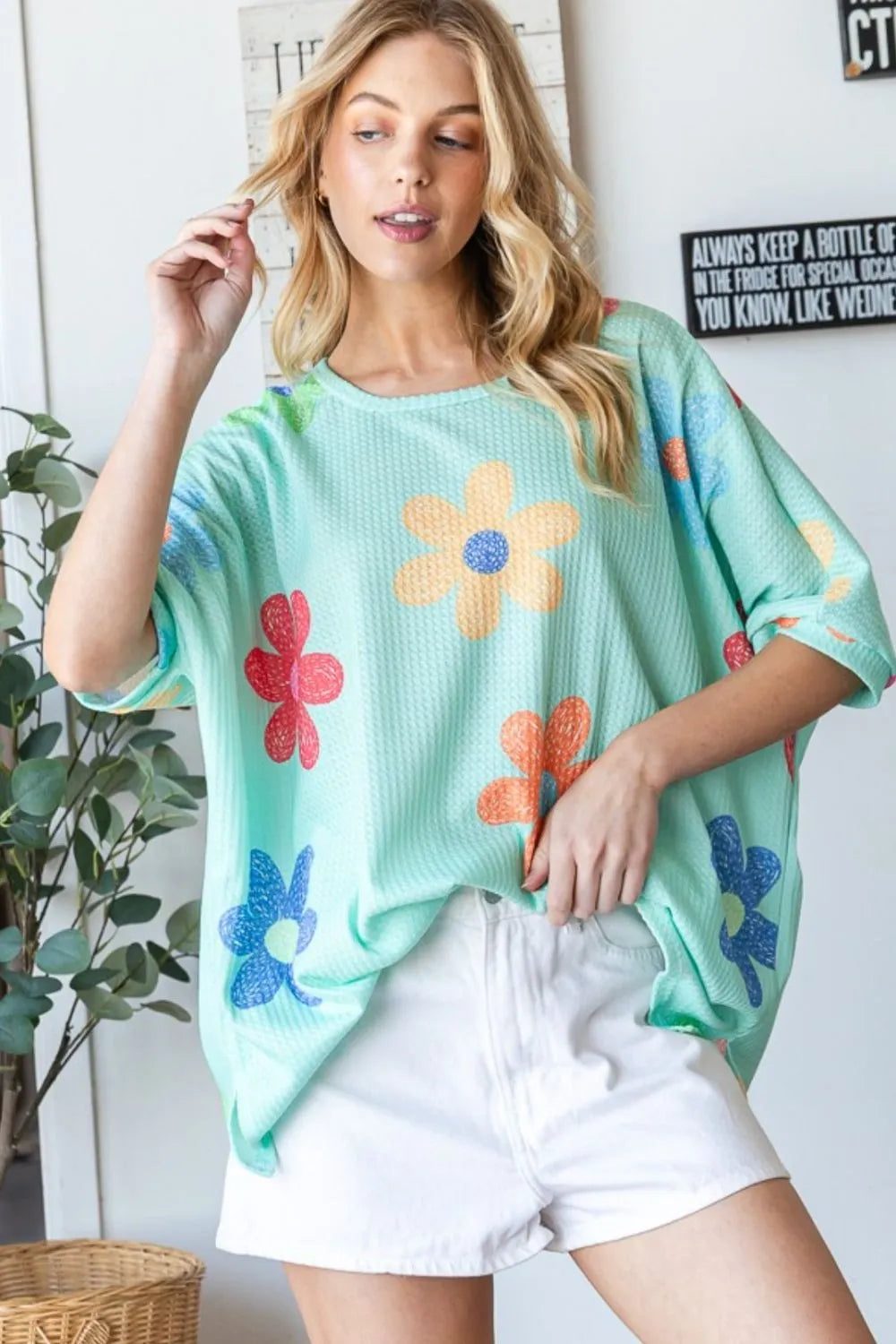 HOPELY Floral Waffle Oversize T-Shirt - cas7m