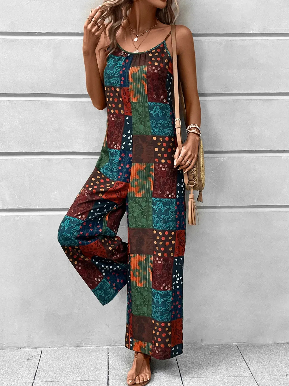 Printed Scoop Neck Spaghetti Strap Jumpsuit - cas7m