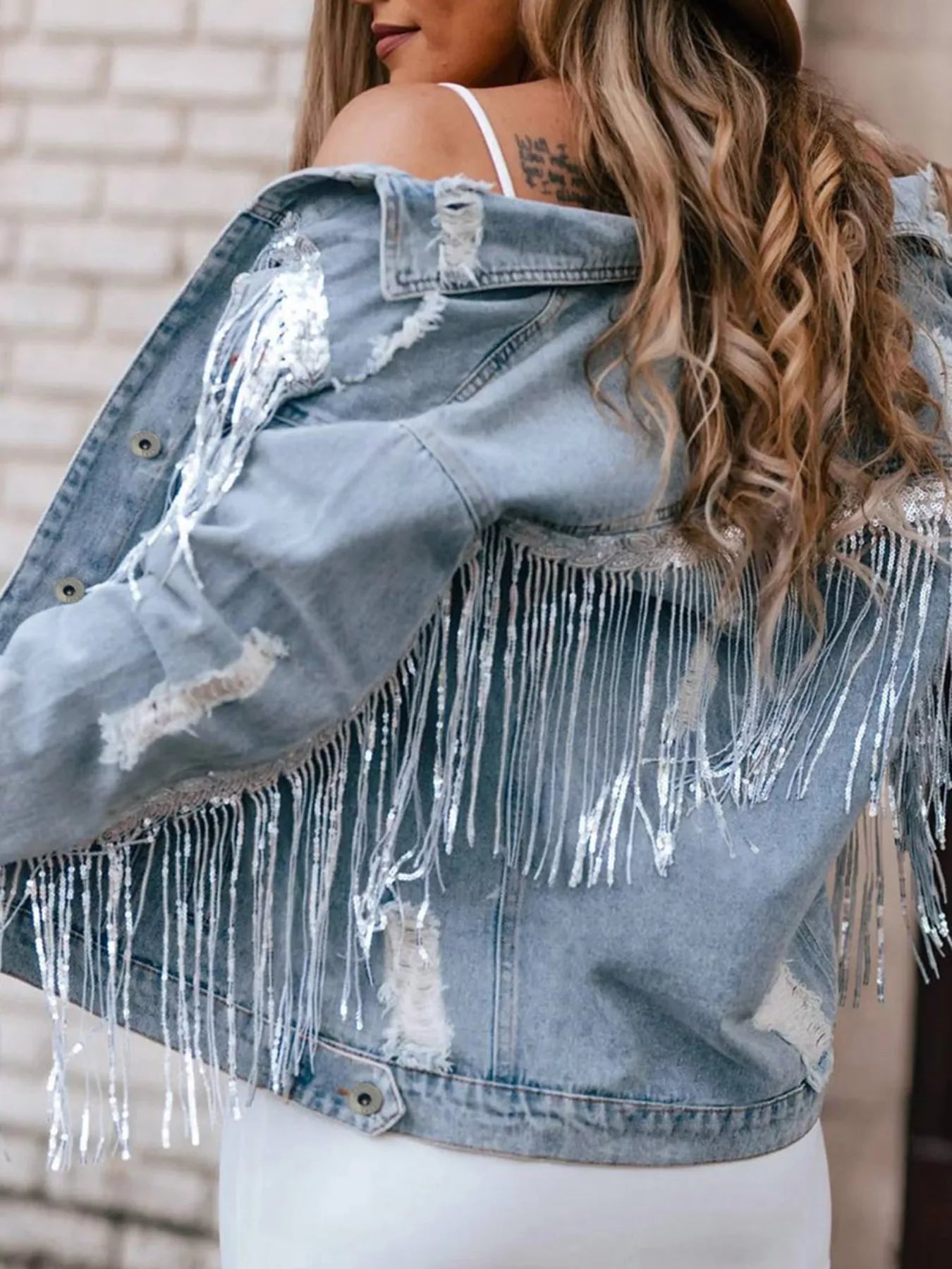 Fringed Sequin Embellished Denim Jacket - cas7m