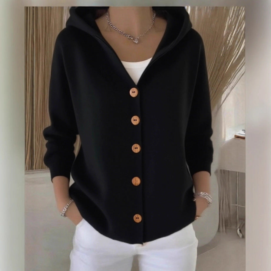 Ins Button Hooded Sweater Fashion Autumn And Winter Knitted Cardigan Casual Commuter Long Sleeve Top Women's Clothing - cas7m