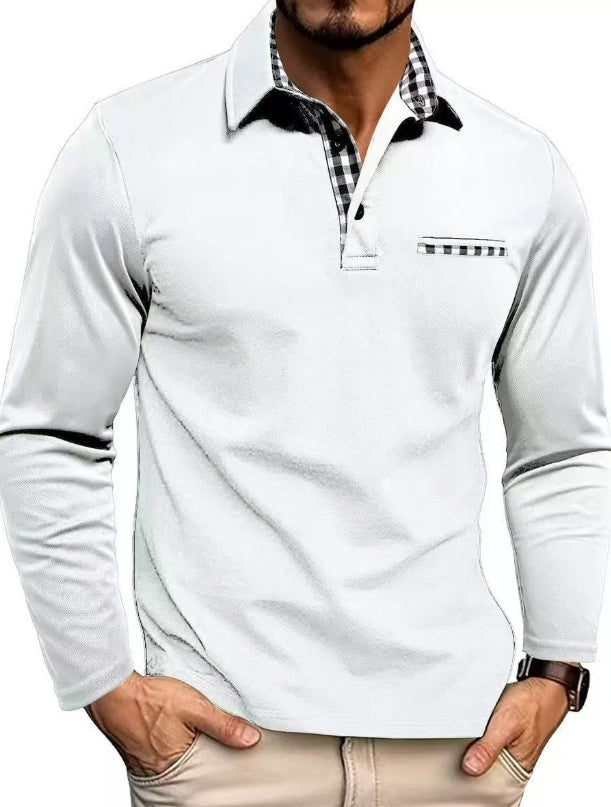 Casual Plaid Splicing Lapel Polo Shirt Fashion Solid Color Long Sleeve Top Men's Clothing - cas7m
