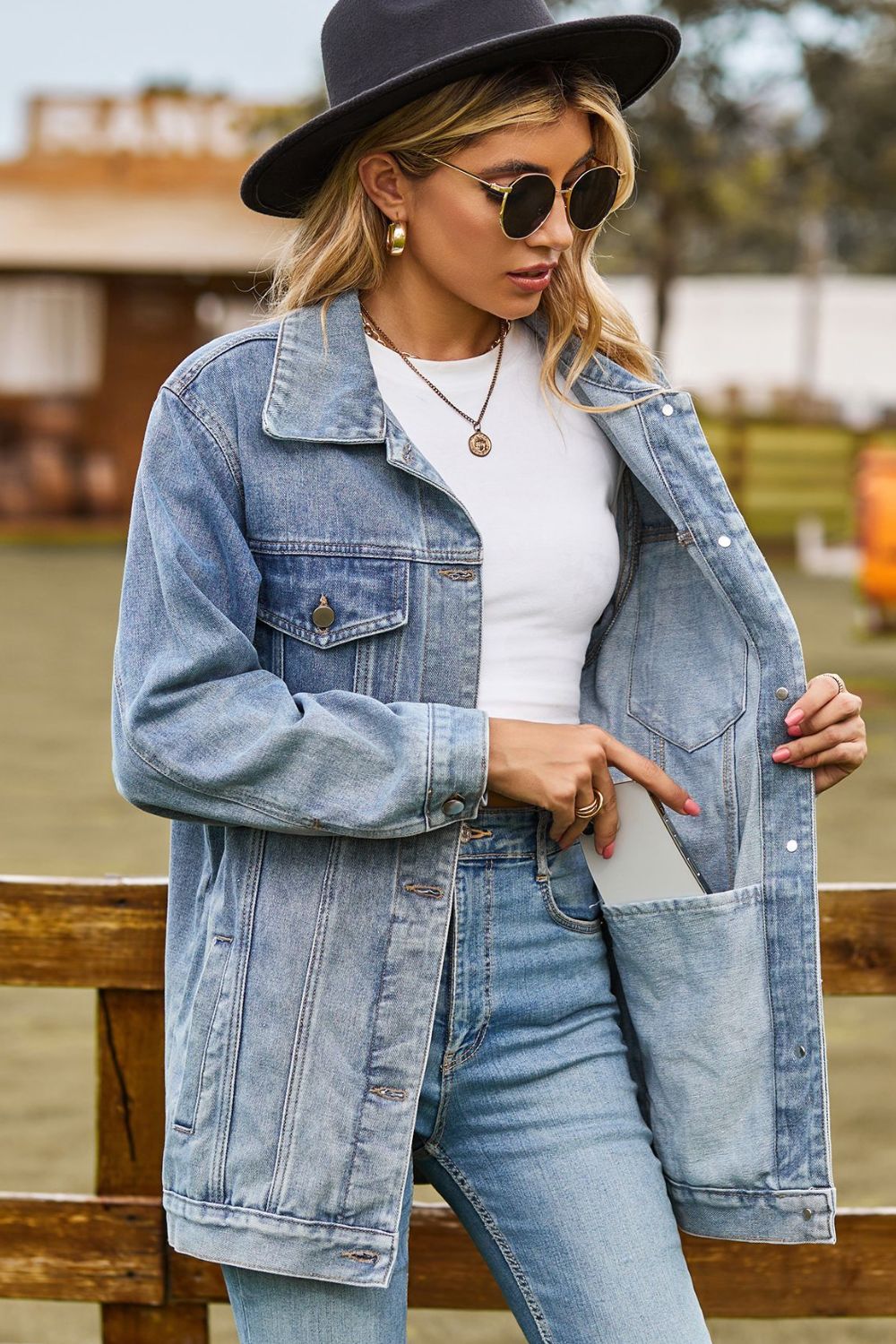 Buttoned Collared Neck Denim Jacket with Pockets - cas7m