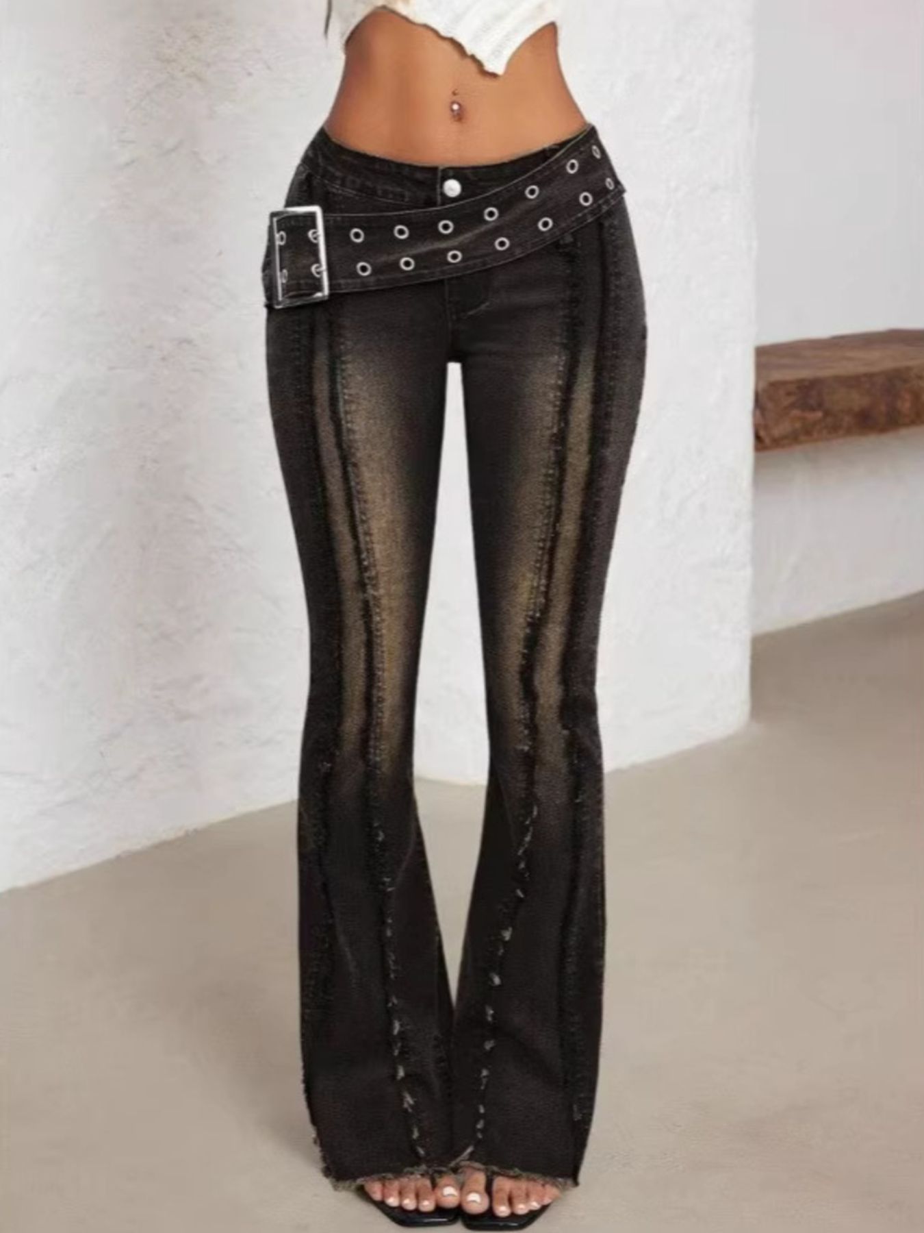 Belted High Waist Flare Jeans - cas7m