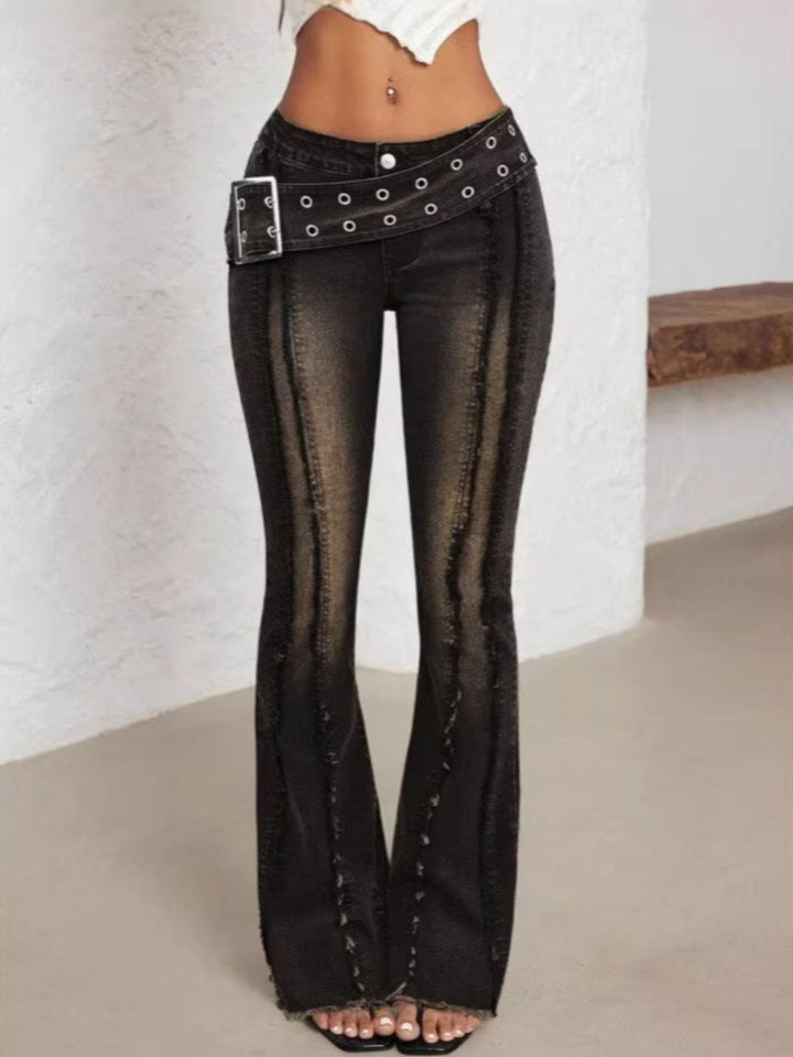 Belted High Waist Flare Jeans - cas7m