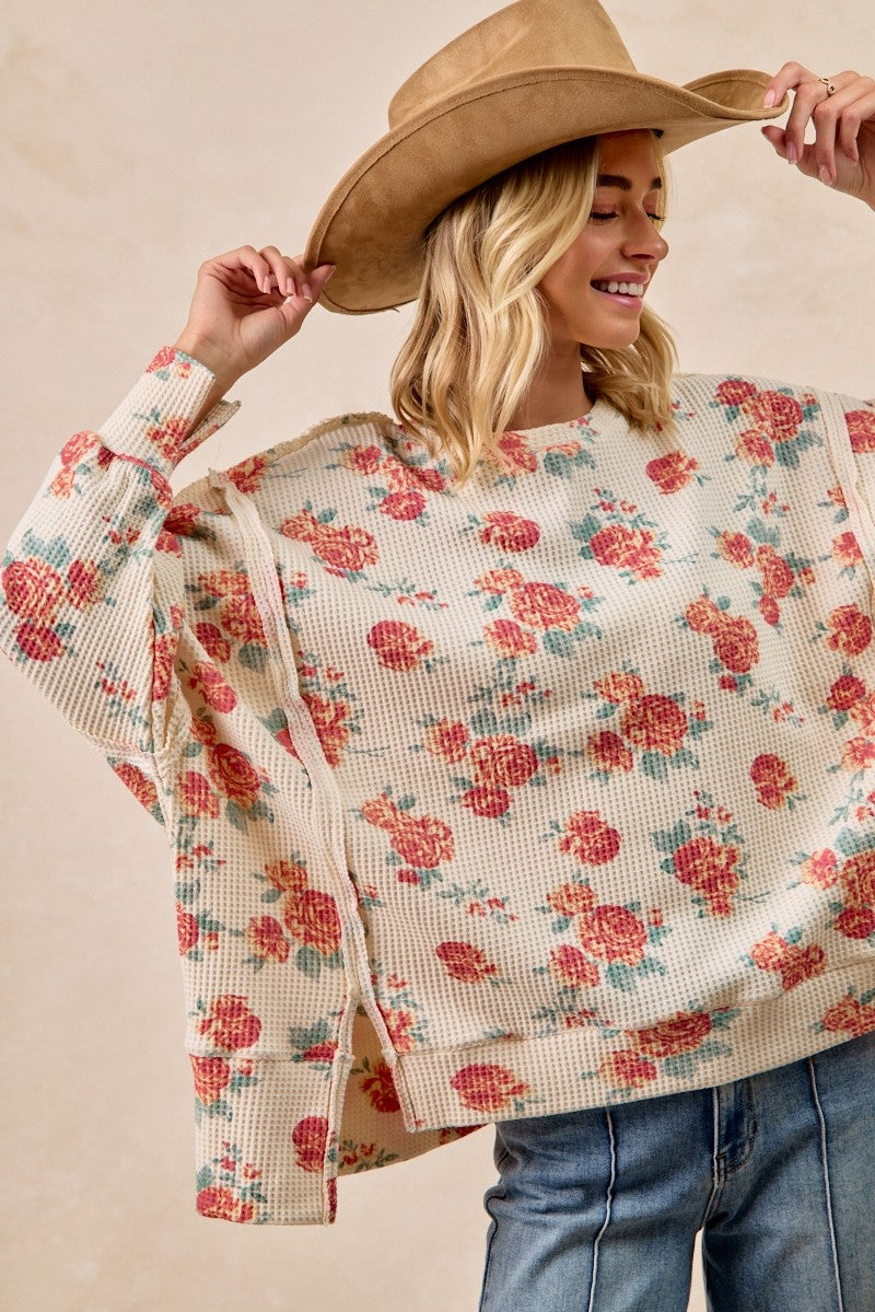 BiBi Floral Print Oversized Waffle Thermal Sweatshirt - cas7m