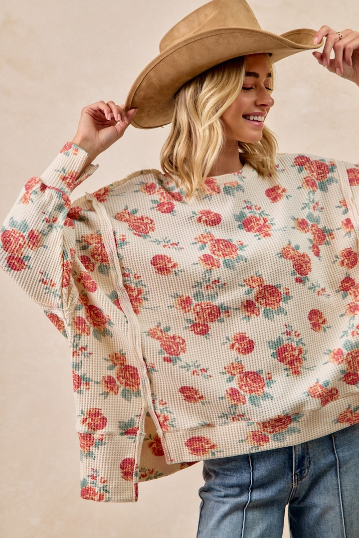 BiBi Floral Print Oversized Waffle Thermal Sweatshirt - cas7m