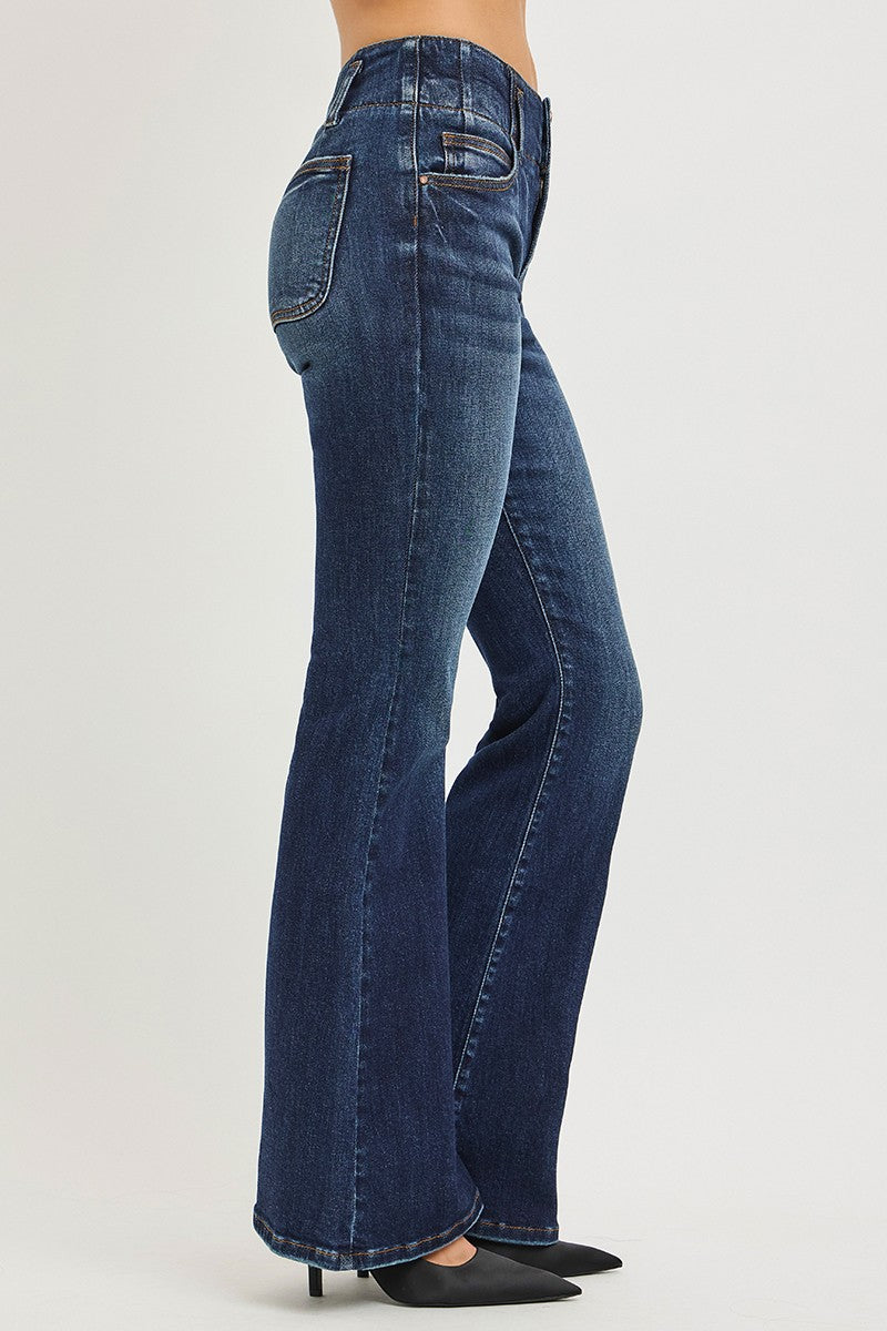 RISEN High Rise Flare Jeans With Seam Detail Waistband - cas7m