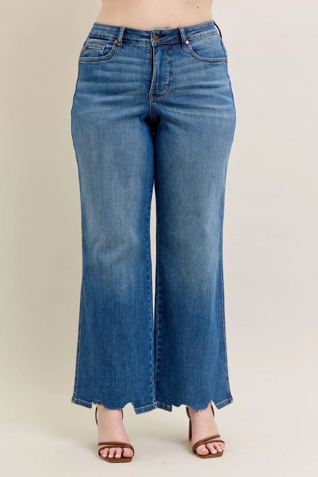 Judy Blue Full Size High Waist Tummy Control Chew Hem Destroy Wide Jeans Plus Size - cas7m