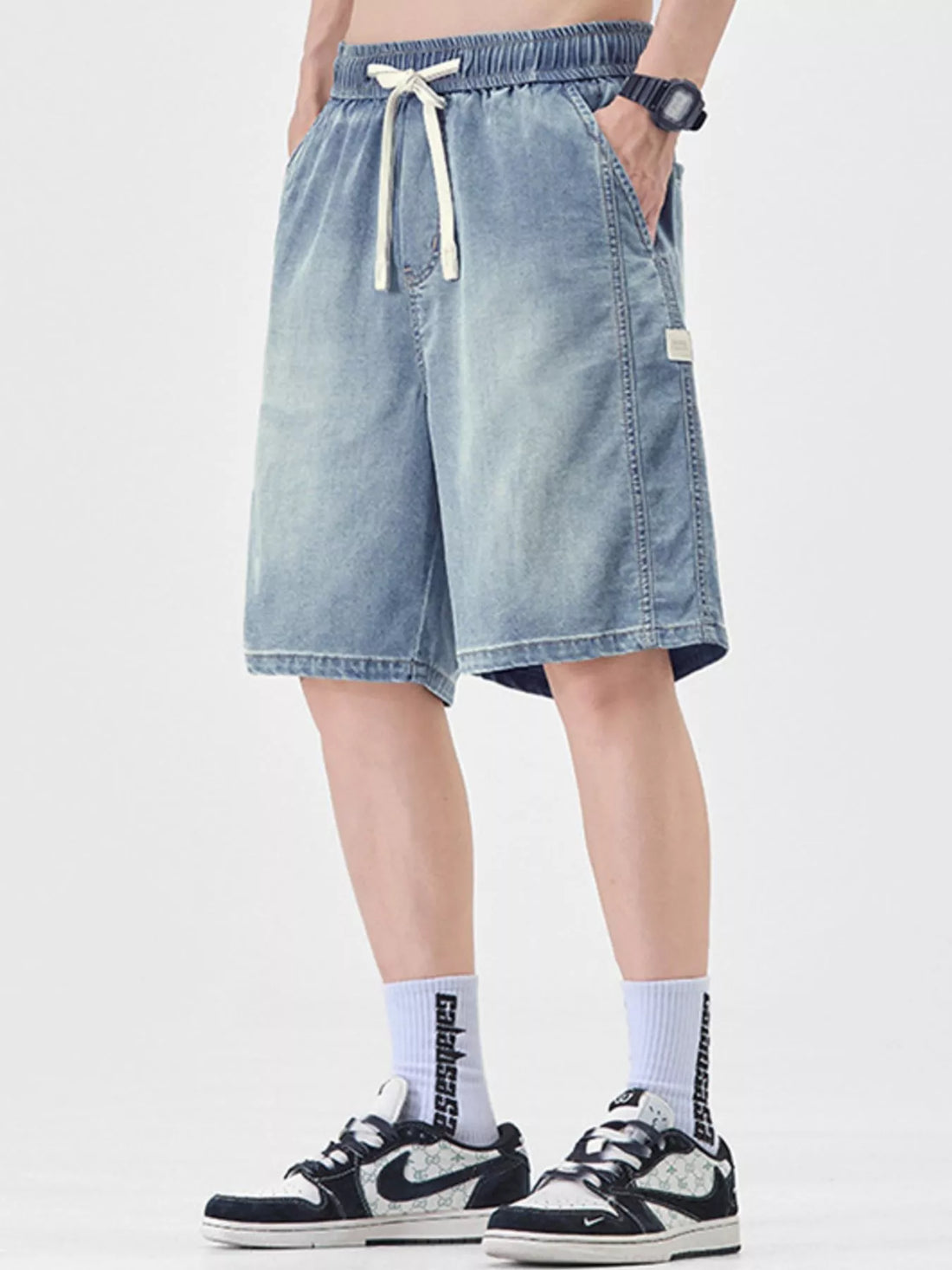 Men's Plus Size Casual Loose Fit Denim Shorts with Drawstring - cas7m