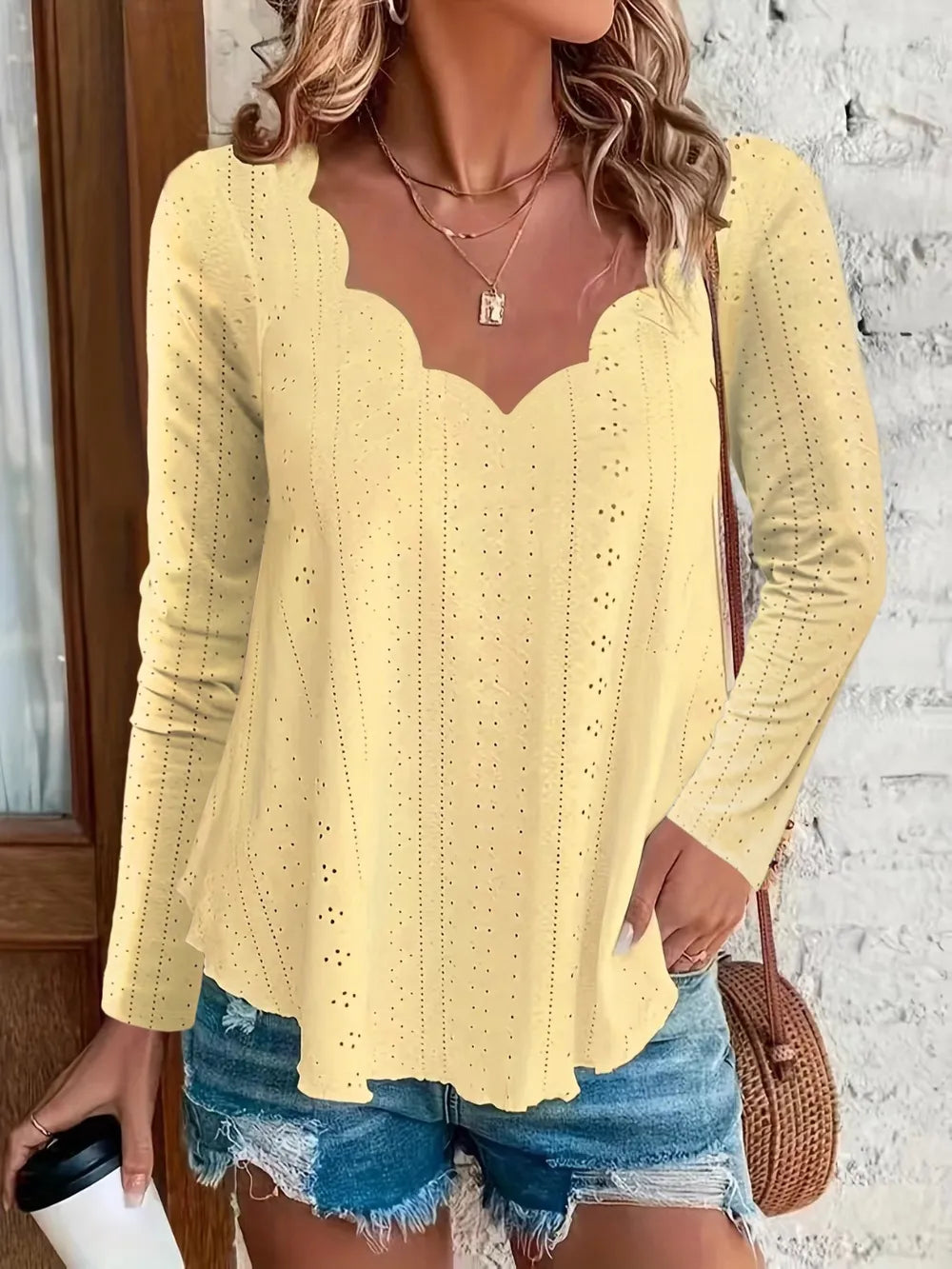 Eyelet Long Sleeve Blouse - cas7m