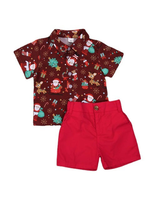 Boys Christmas Costume Cartoon Print Shirt Set - cas7m