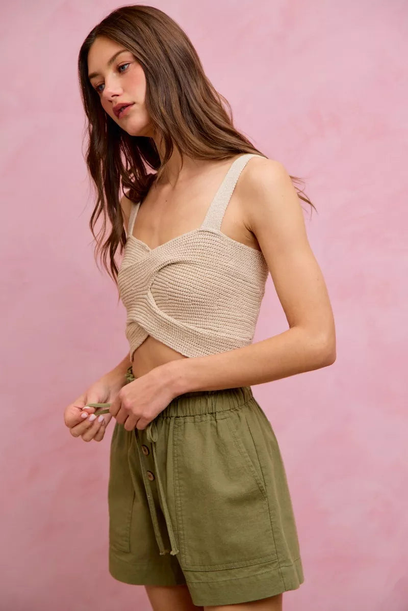SO ME Paper Bag Patch Pocket Drawstring Twill Shorts - cas7m