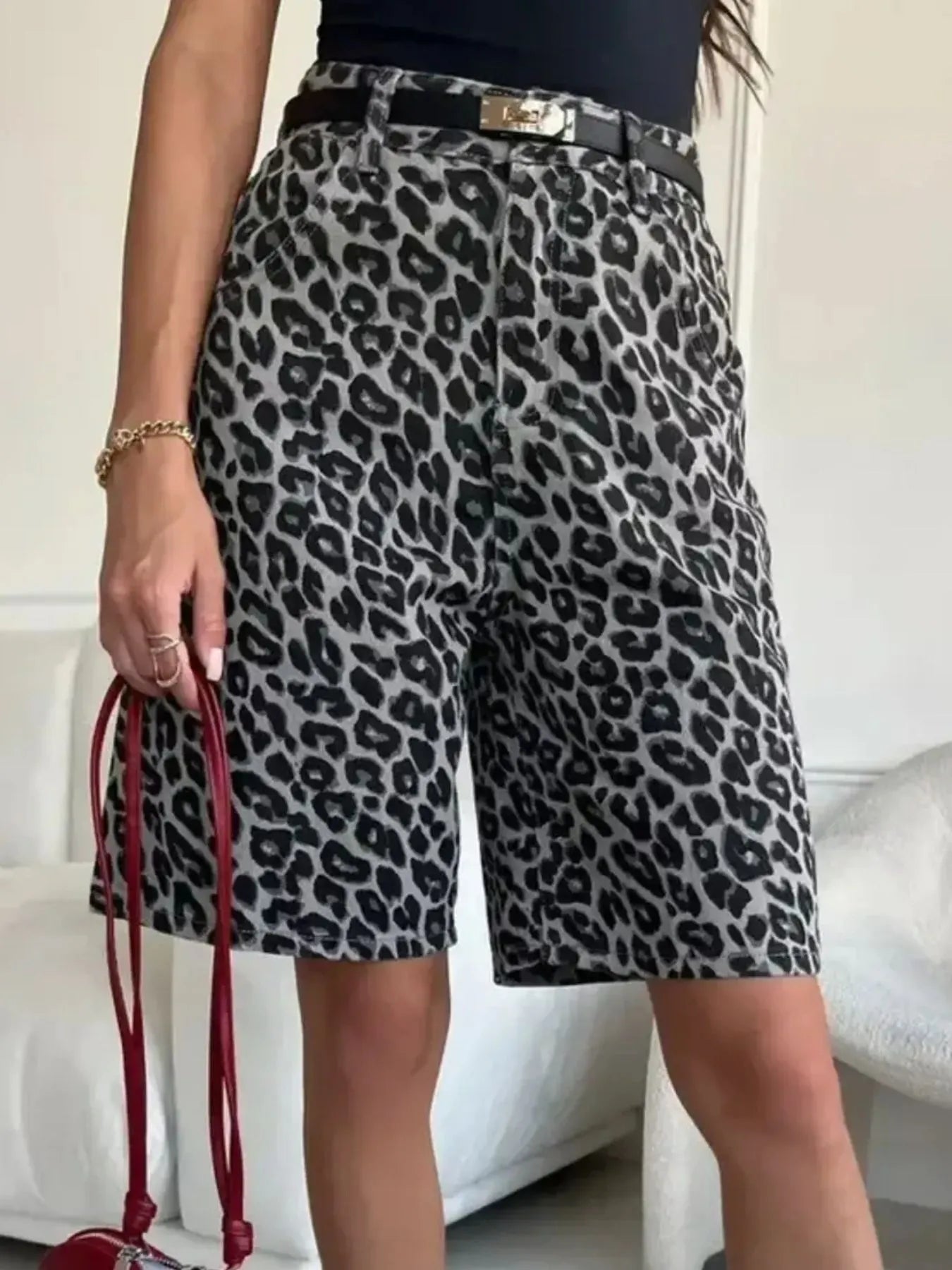 Leopard Print High-Waisted Casual Shorts - cas7m